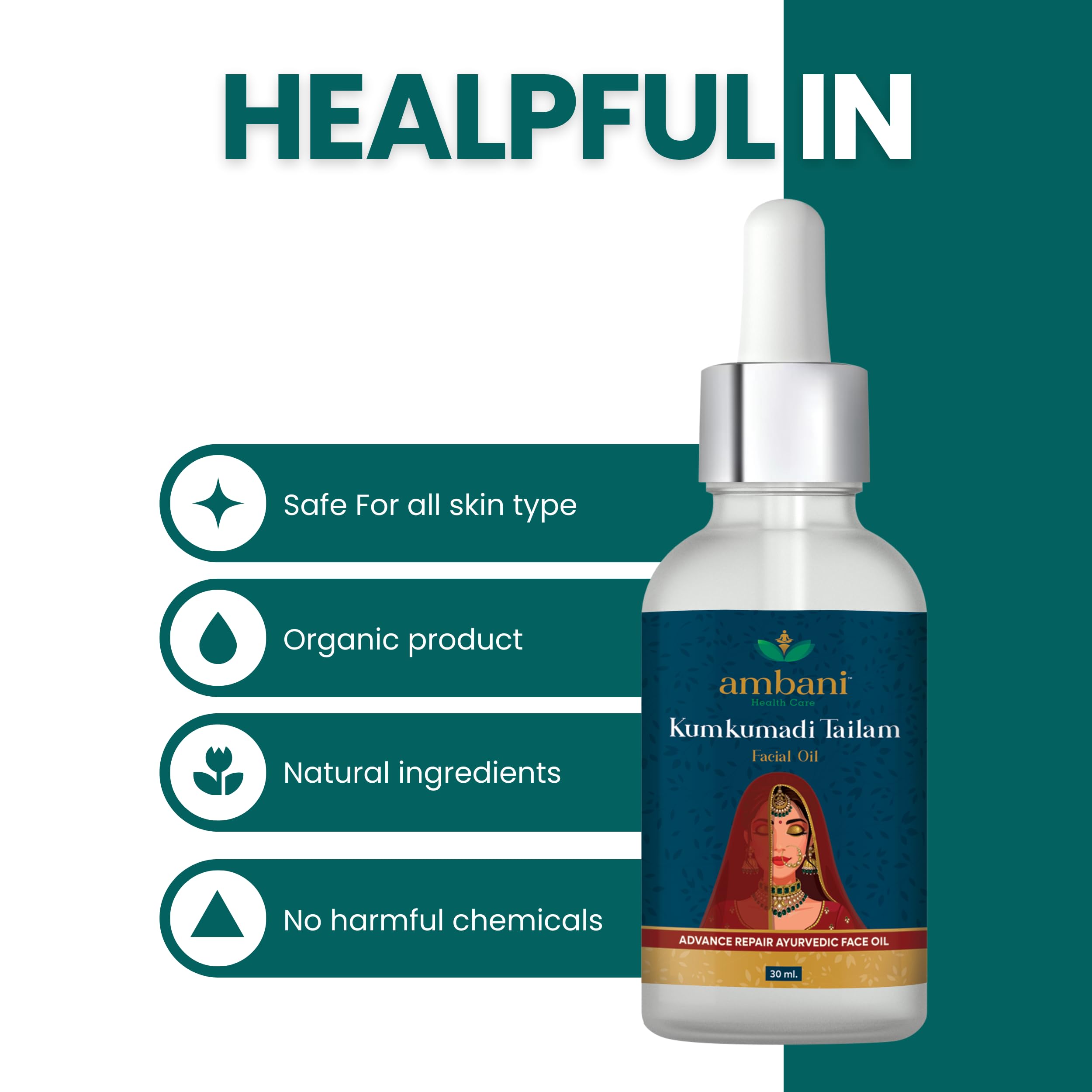 AMBANI HEALTH CARE Kumkumadi Tailam Face Oil - Natural Ayurvedic Herbal Serum for Glowing Skin, Anti-Aging, Acne & Pimple Treatment - Repairs Dull & Damaged Skin - Suitable for Women & Men (30ml) - Perfect for Daily Skincare Routine & Nighttime Skin Repair