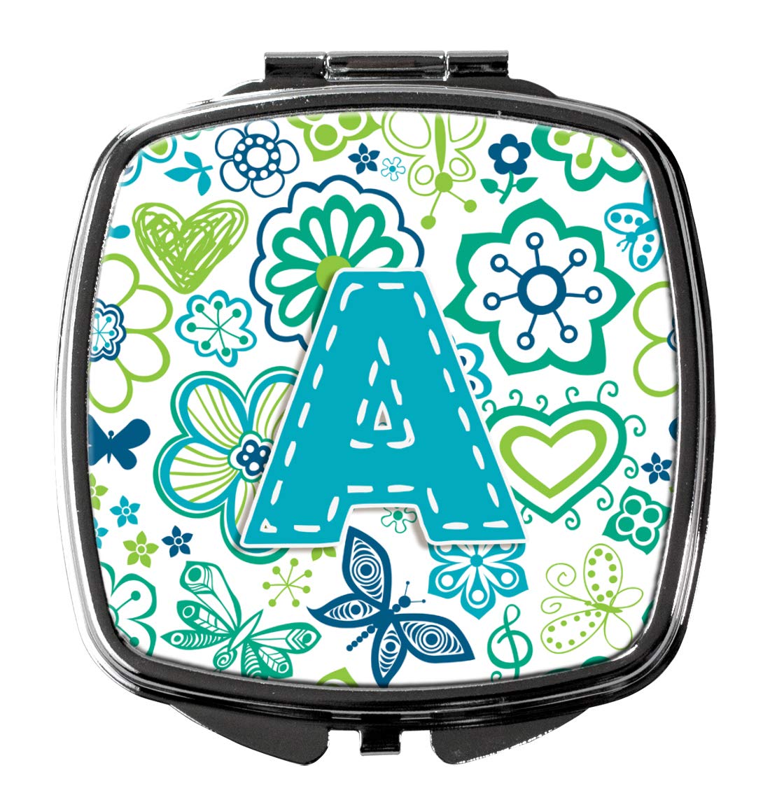 Caroline's Treasures Letter A Floral Butterfly Compact Mirror - Teal Blue & Multicolor Design | Perfect for Travel, Makeup, and Gifts