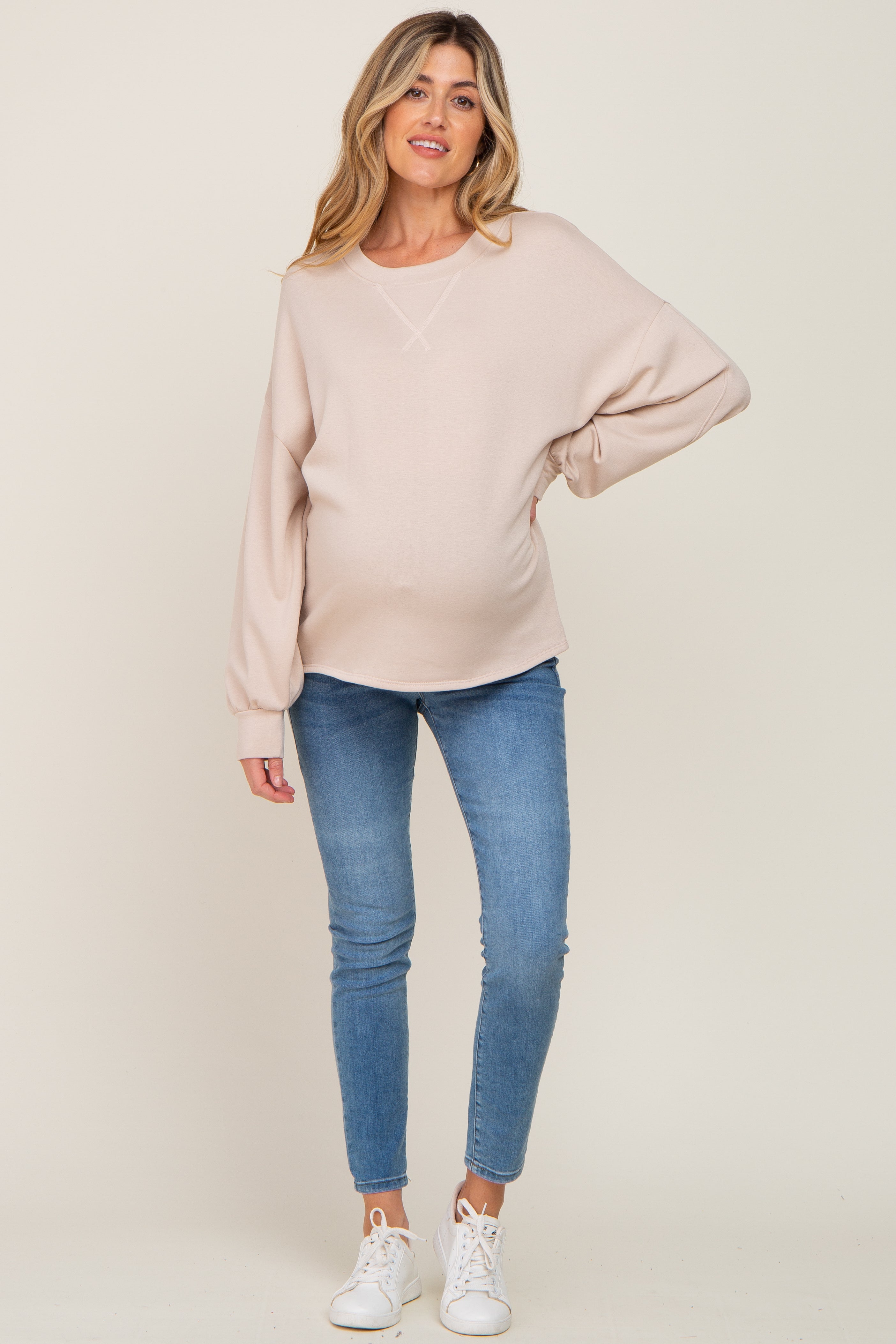 Soft Beige Long Sleeve Maternity Top - Comfortable Stretchable Pregnancy Shirt for Women | Perfect for Casual Wear, Office & Baby Showers