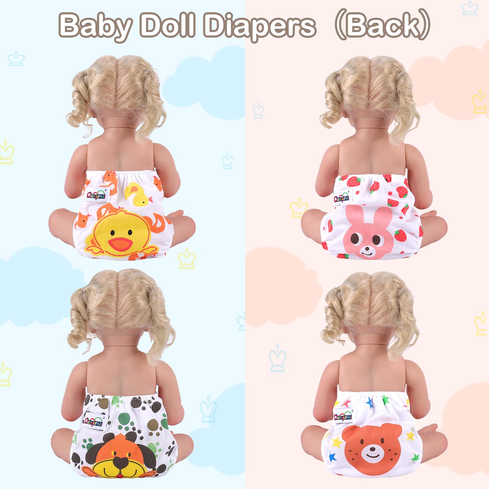BABESIDE 4 Pack Reusable Baby Doll Diapers for 17-22 Inch Reborn Dolls - Adjustable Button Cloth Underwear for Infant Dolls, Perfect for Role Play, Baby Shower Gifts & Toddler Pretend Play