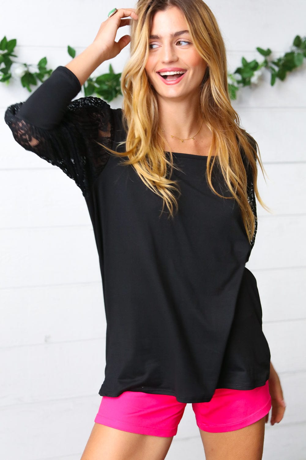 Black Lace Three Quarter Bubble Sleeve Top - Elegant Women's Blouse for Party, Date Night & Special Occasions