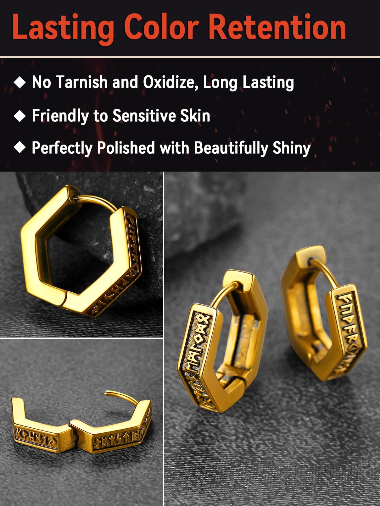 FaithHeart Norse Viking Runes Hoop Earrings for Men - Hypoallergenic Stainless Steel Punk Huggie Earrings - Norse Mythology Jewelry Gifts with Delicate Packaging - Perfect for Viking Lovers, Cosplay & Everyday Wear
