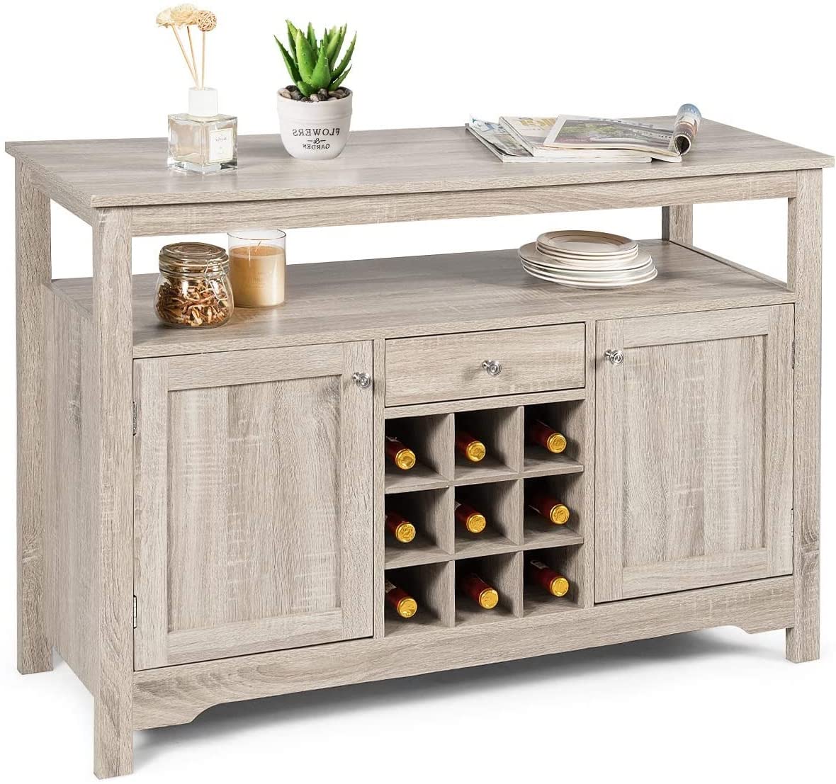 BANGTANE Buffet Kitchen Sideboard - Wooden Console Table with 2 Cabinets, Drawer, Wine Rack & Open Shelf | Storage Organizer for Living Room & Dining Room | Perfect for Home Decor & Entertaining Guests (Grey)