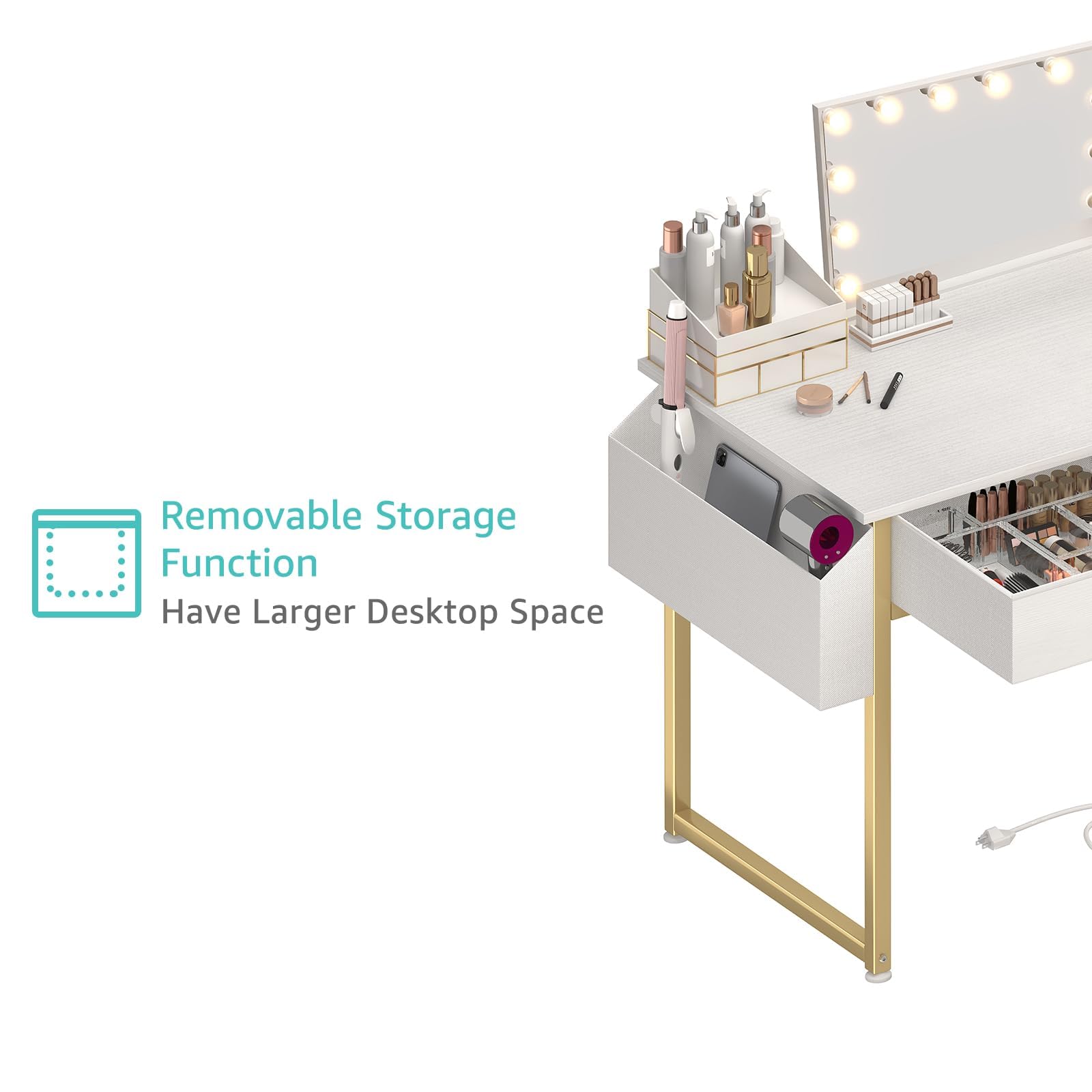 Modern White Kids Makeup Vanity Desk Set with Chair & Fabric Drawers - No Mirror, Power Outlet Included - Perfect Dressing Table for Girls' Bedroom & Playroom