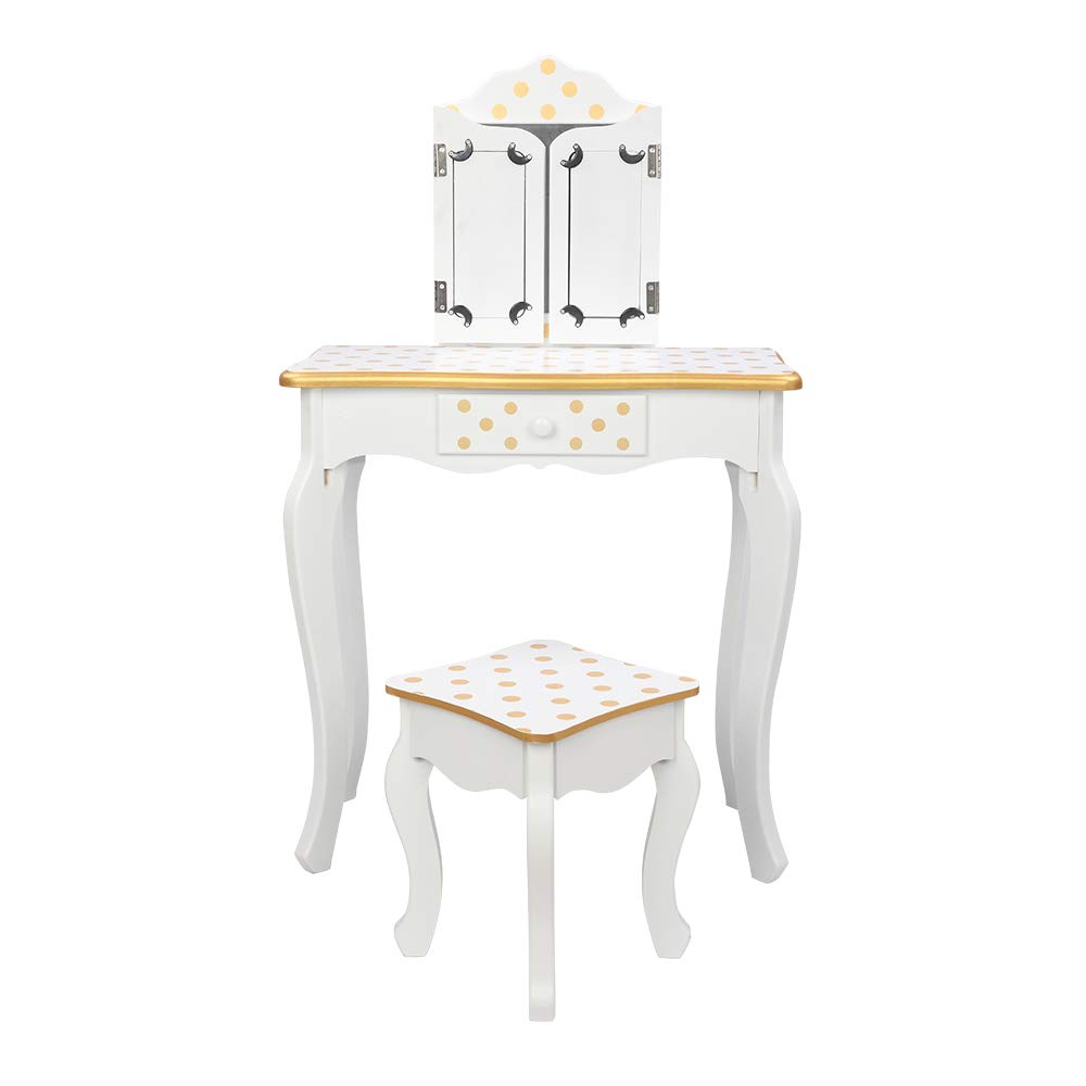 3-Fold Mirror Vanity Table with Curved Legs & Yellow Dots - Kids Dressing Table for Bedroom, Girls Room Decor & Makeup Organization