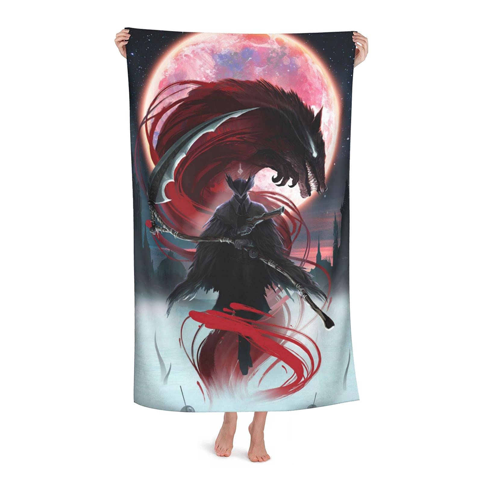 Quick Dry Superfine Fiber Round Beach Towel for Kids - 32x52 Inches - Perfect for Beach, Pool, Picnic, Gym, SPA, Cruise, Camping & Tropical Vacations | Bloodborne Themed Water Activities & Surfing Accessory