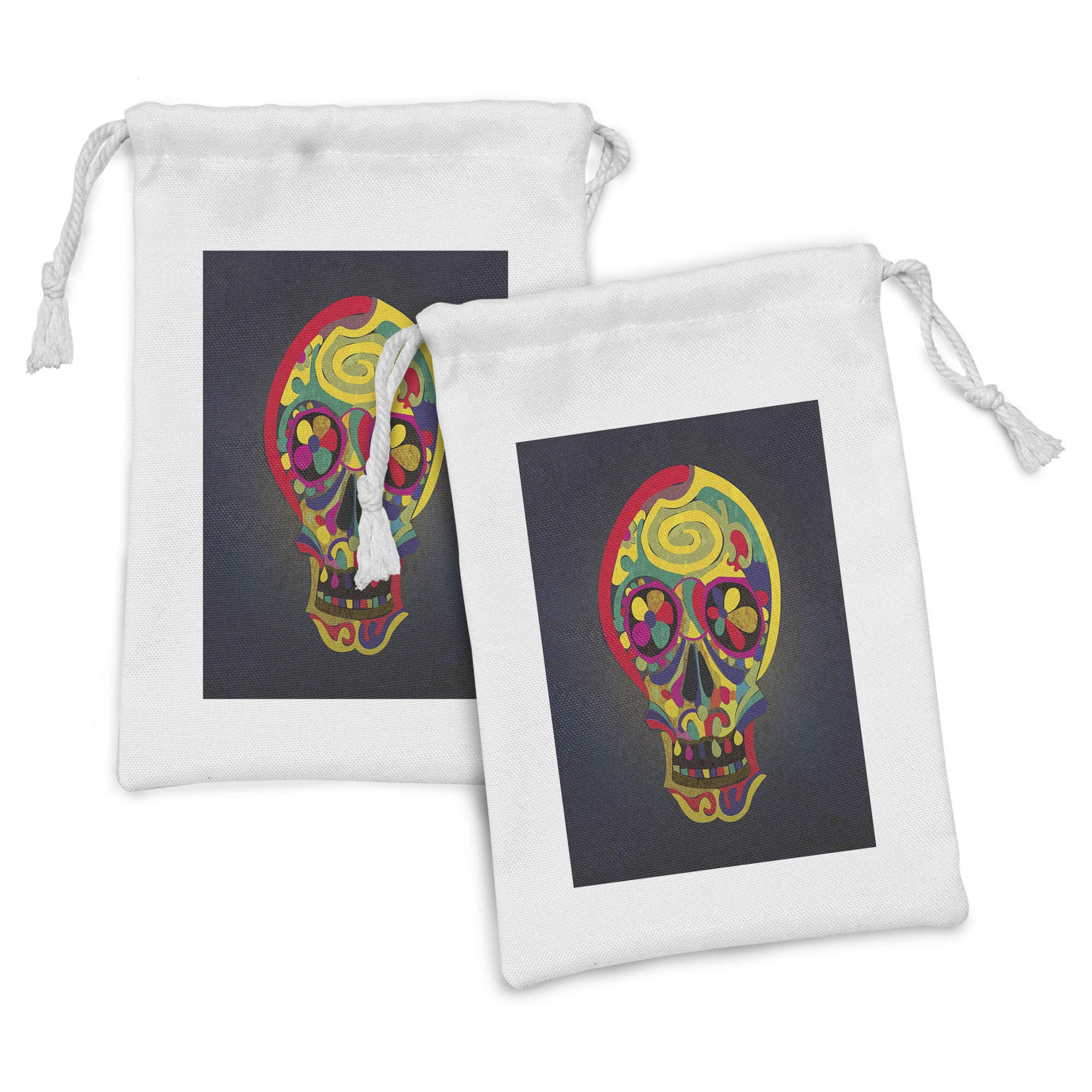 Ambesonne Skull Fabric Pouch Set of 2 - Colorful Hand Drawn Skeleton & Floral Design Drawstring Bags (9