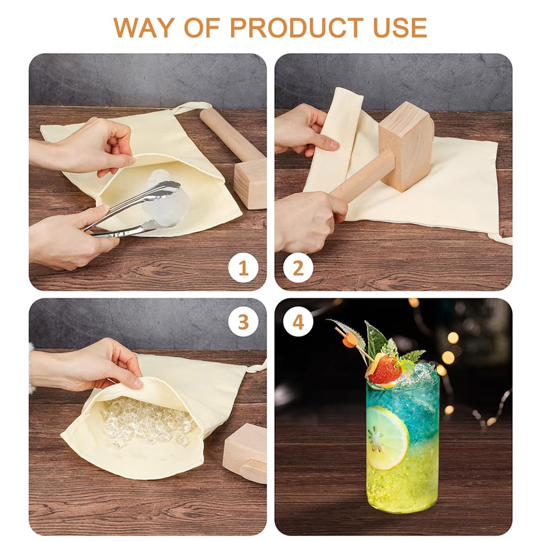 Premium Lewis Ice Crushing Bag Set - 4 Reusable Canvas Bags & Wooden Mallet for Cocktails, Bars, Home Kitchen & Parties (9.84
