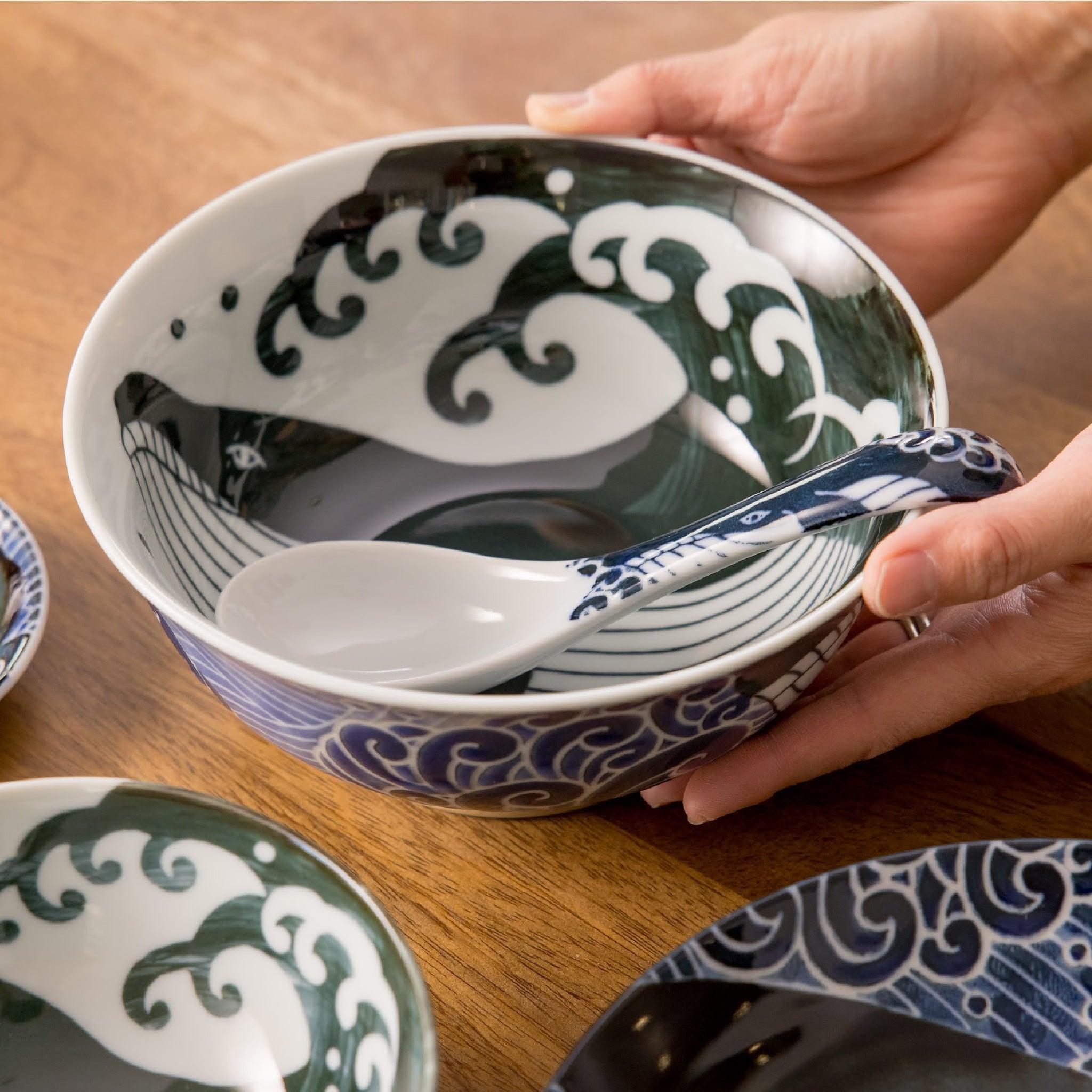 Premium White Wave Whale Ramen Bowl and Spoon Set - Japanese Ceramic Noodle Soup Bowl with Chopstick Rest - Perfect for Ramen, Udon, Pho & Asian Cuisine Dining