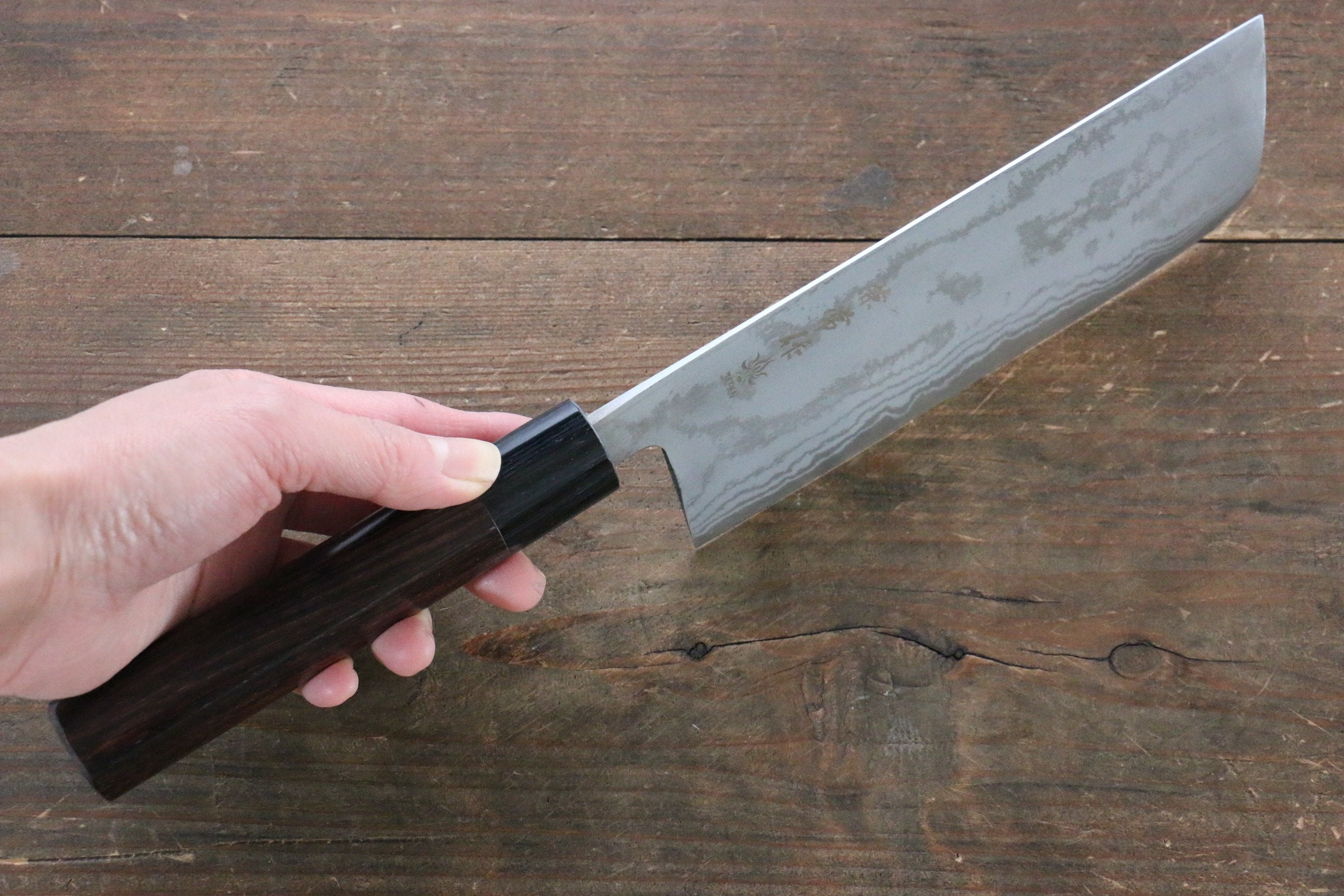 Kanetsune Blue Steel No.2 Damascus Nakiri Knife 165mm - Premium Japanese Kitchen Knife with Shitan Handle for Professional Chefs & Home Cooking - Perfect for Slicing, Dicing Vegetables & Herbs