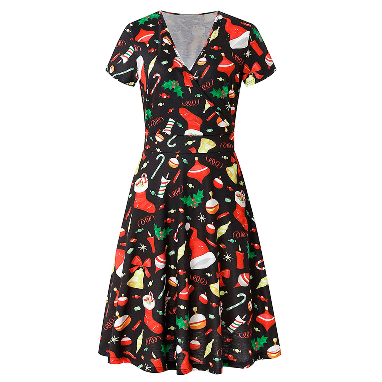 Women's V-Neck Christmas Pattern Long Sleeve Flare Swing Dress for Holiday Party, Cocktail Events & Festive Gatherings | Elegant Winter Celebration Outfit