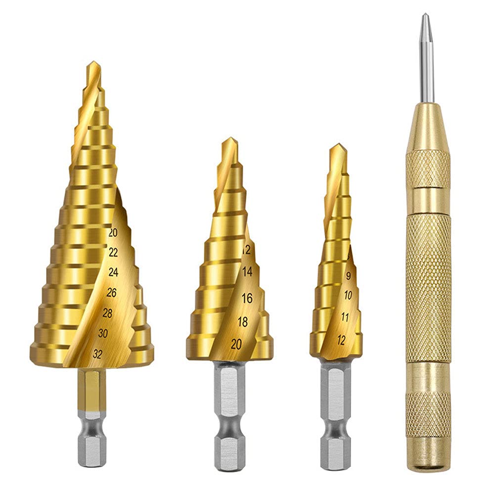 4-Piece HSS Spiral Groove Hex Step Drill Bit Set with Center Punch - High Speed Steel Step Cone Drill Bits for Metal, Wood, Plastic - Perfect for DIY Projects, Home Repairs & Professional Use