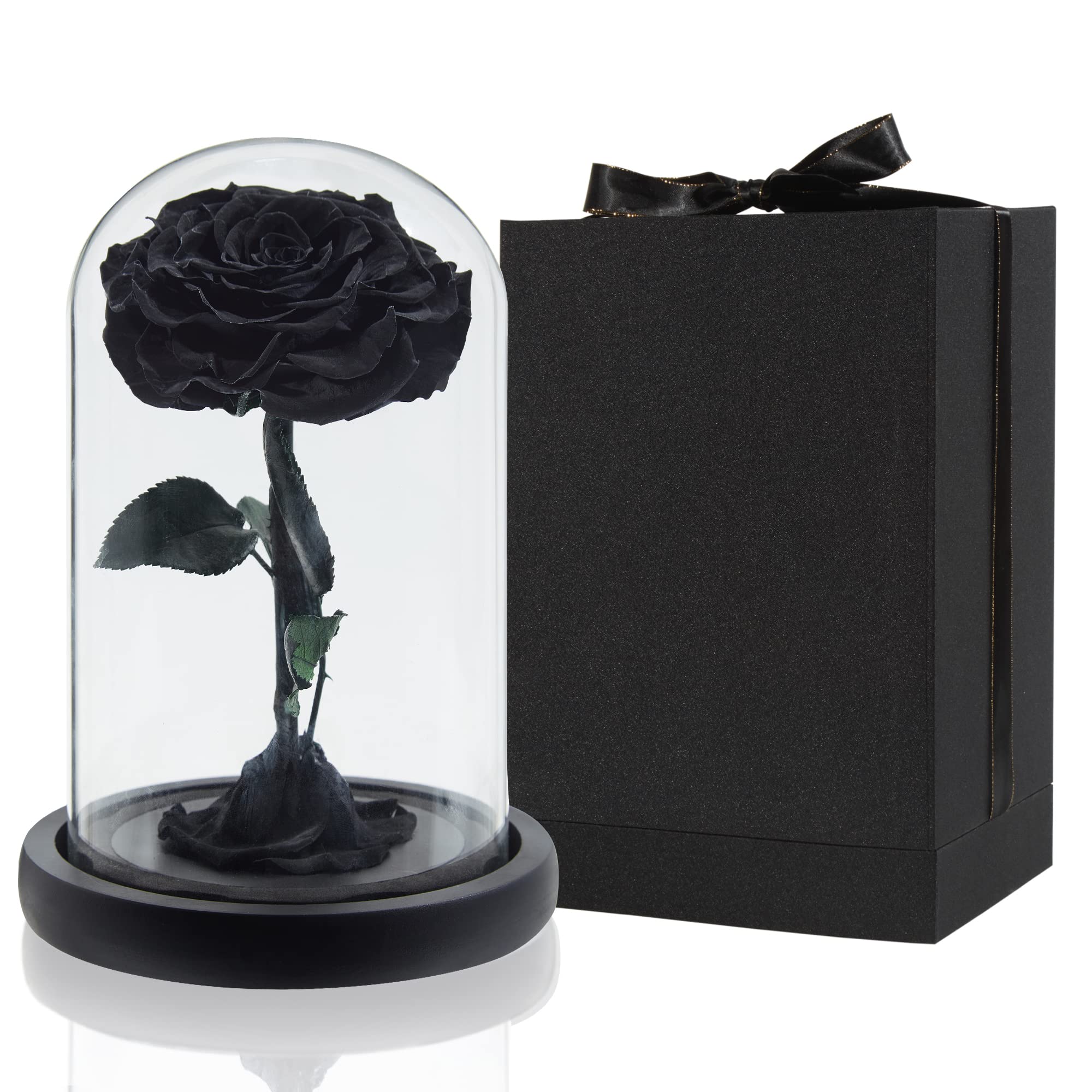 DuHouse Preserved Real Rose in Glass Dome - Eternal Enchanted Rose Gift Box for Valentine's Day, Mother's Day, Birthday, Anniversary, Christmas (Black) | Romantic Home Decor & Special Occasion Gift for Her