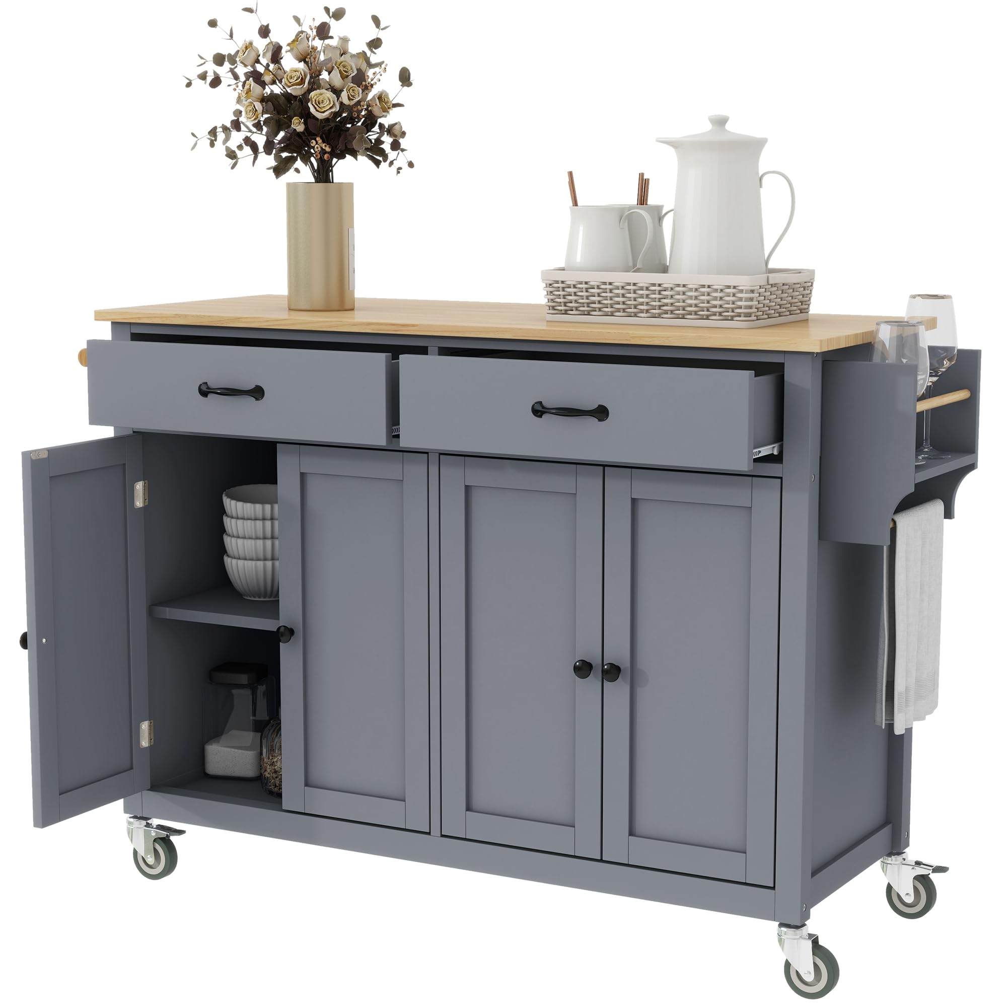 Solid Wood Top Kitchen Island on Wheels with 2 Drawers & Storage Cabinets - Large Rolling Kitchen Cart for Cooking Prep & Entertaining in Dusty Blue - Perfect for Small Kitchens, Dining Areas & Open Concept Living Spaces