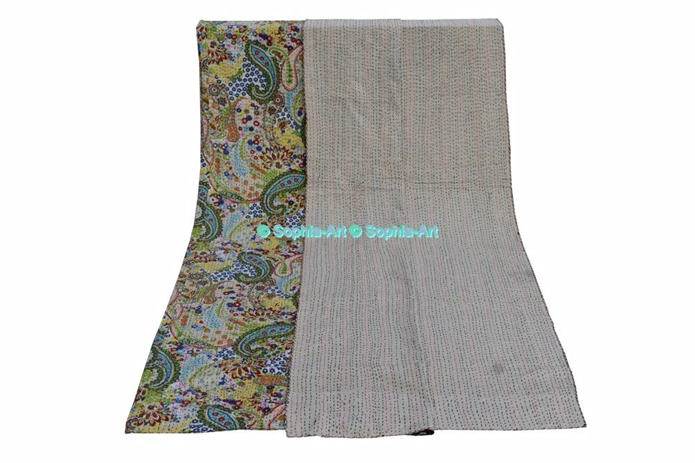 Sophia-Art Handmade Indian Kantha Cotton Quilt - Paisley Print Bohemian Bedspread, Sofa Cover & Throw Blanket for Bedroom, Living Room & Outdoor Use