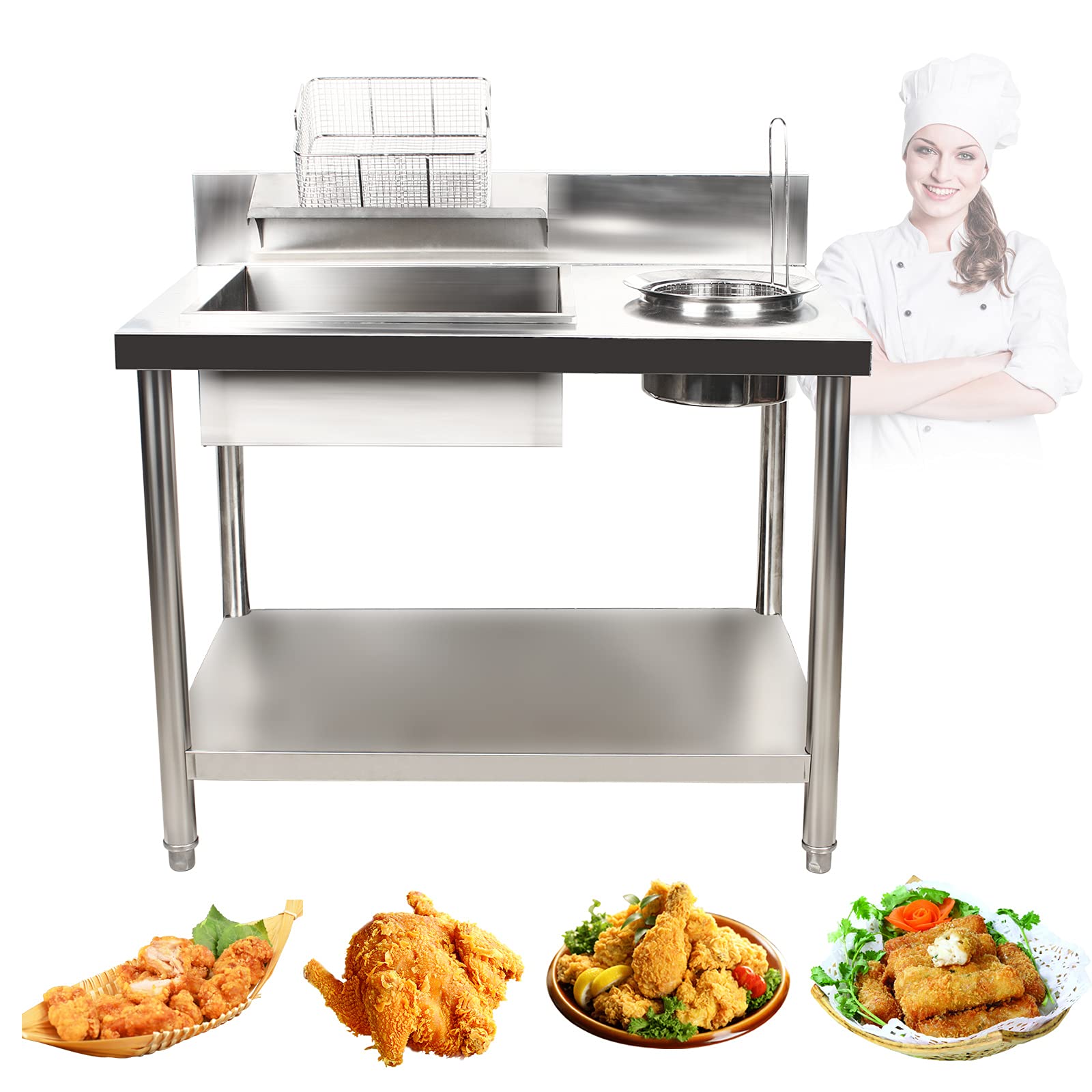 Stainless Steel Commercial Food Prep Work Table with 2 Basins & 2 Baskets - Heavy Duty Fried Chicken Breading Station for Restaurant Kitchen, Food Truck, and Catering Business | Perfect for Frying, Breading, and Food Preparation