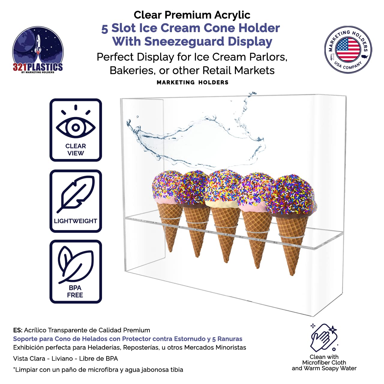 2 Pack Clear Acrylic Ice Cream Cone Display Stand - 5 Slot Countertop Holder for Restaurants, Cafes & Dessert Shops - Perfect for Buffets, Parties & Ice Cream Parlor Storage (Commercial & Home Use)