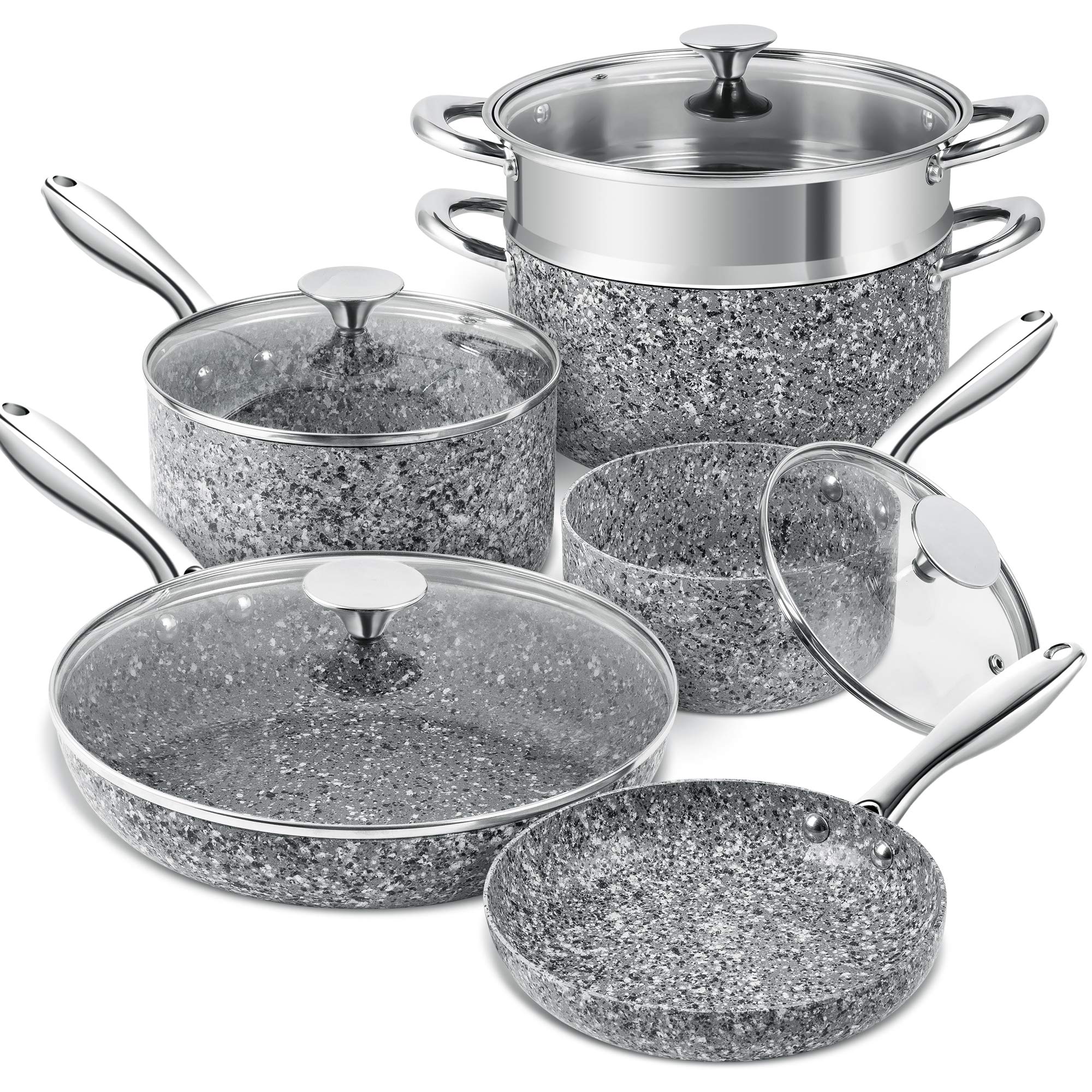 MICHELANGELO 10-Piece Nonstick Stone Cookware Set - Granite Coated Pots & Pans for Healthy Cooking | Perfect for Frying, Sautéing & Everyday Meals