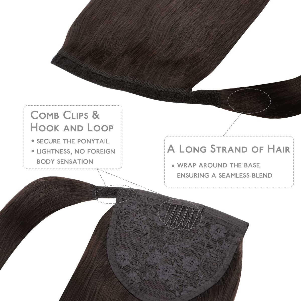 20 Inch Dark Brown Ponytail Hair Extension - 80g Clip-in Human Hair Wrap Around Ponytail | Remy Human Hair for Women | Perfect for Parties, Weddings & Everyday Styling