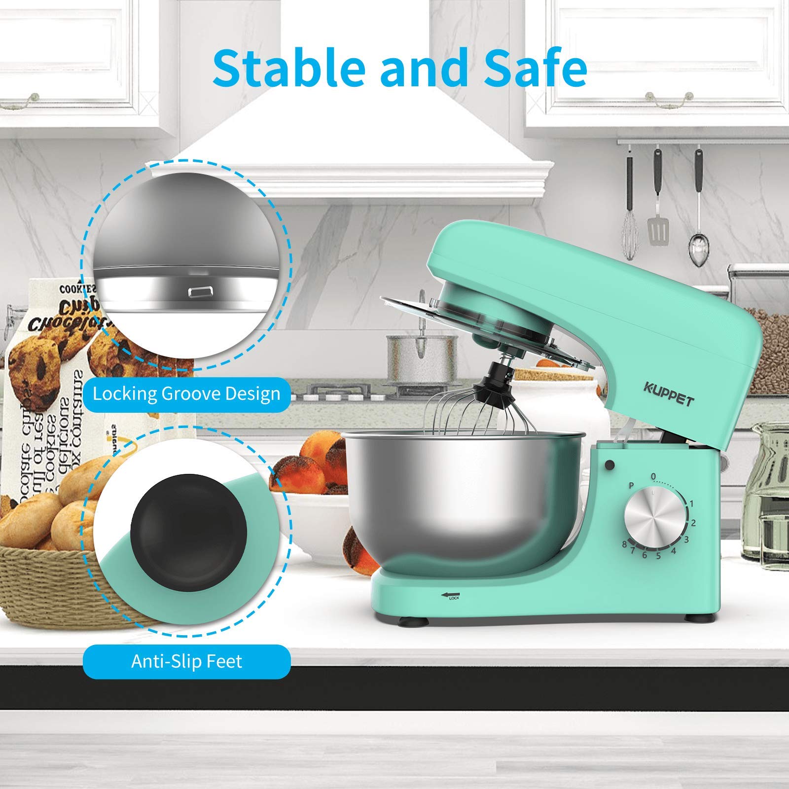 KUPPET 8-Speed Tilt-Head Stand Mixer with 4.7QT Stainless Steel Bowl, Dough Hook, Wire Whip & Beater - Perfect for Baking Cakes, Cookies, Bread & More (Green)