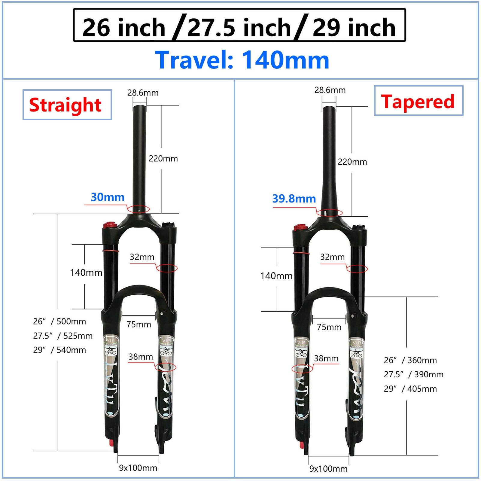 **Mountain Bike Air Suspension Front Fork - 26/27.5/29 Inch, 140mm Travel, Rebound Adjust, QR 9mm, Black (Straight Manual Lock Out) - Perfect for Trail Riding, Downhill & Cross-Country Biking**