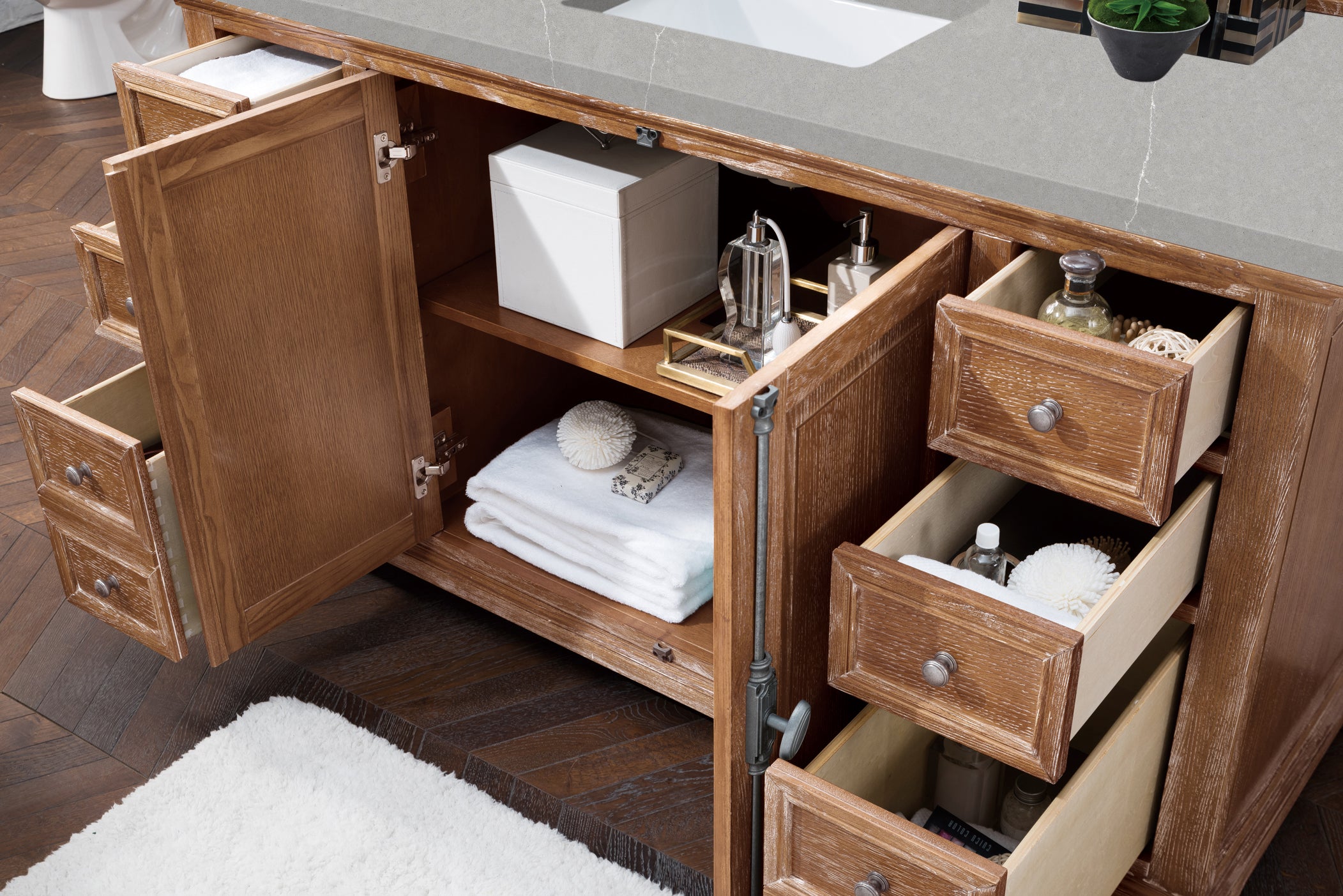 Providence 60 Inch Single Bathroom Vanity Cabinet in Driftwood Finish with 3CM Eternal Serena Quartz Countertop - Perfect for Modern Bathroom Remodeling and Small Space Solutions