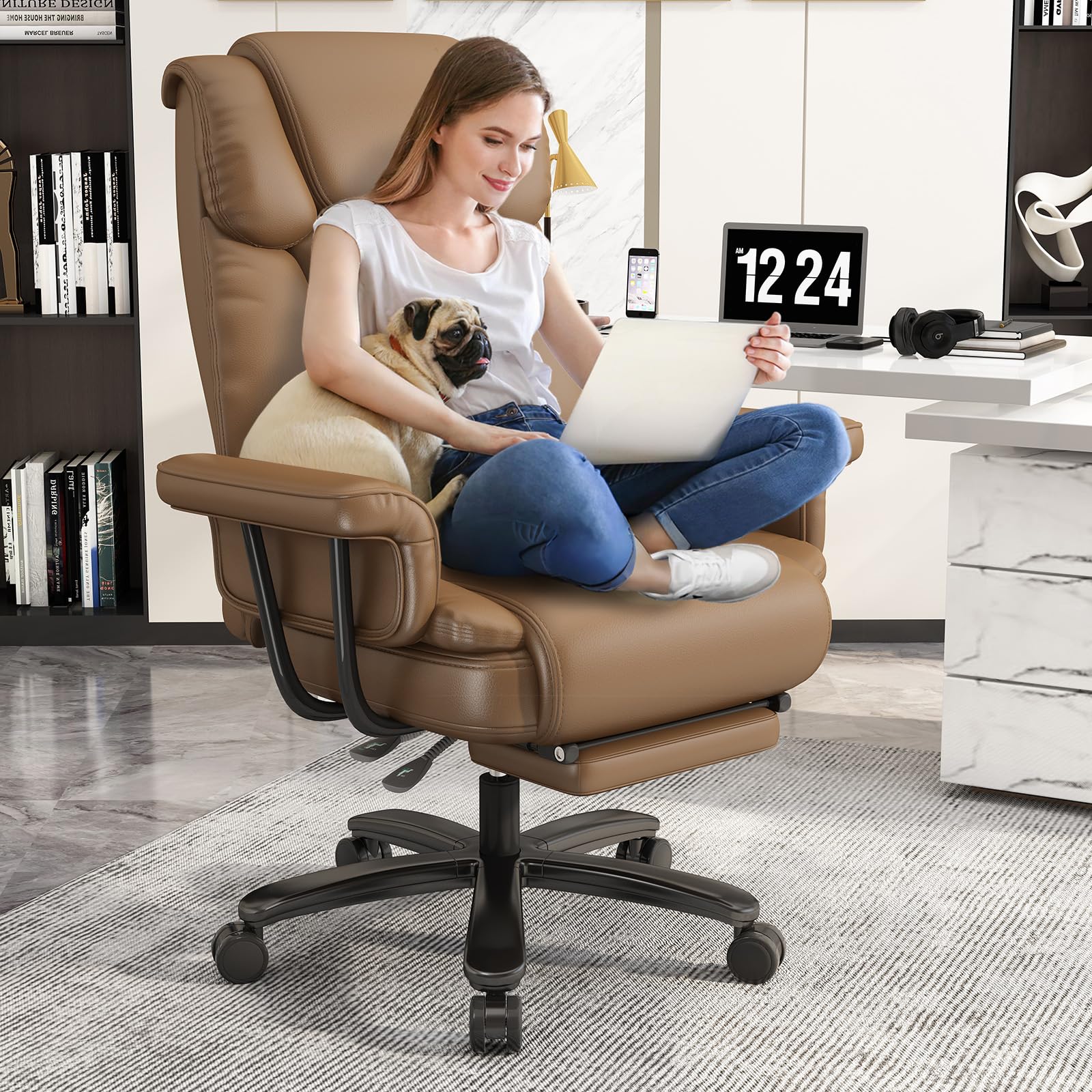 GYI Big and Tall Office Chair 400LBS Capacity - 160° Reclining High Back Executive Chair with Wide Seat, Adjustable Arms & Footrest (Brown) - Perfect for Home Office, Gaming & Workspaces