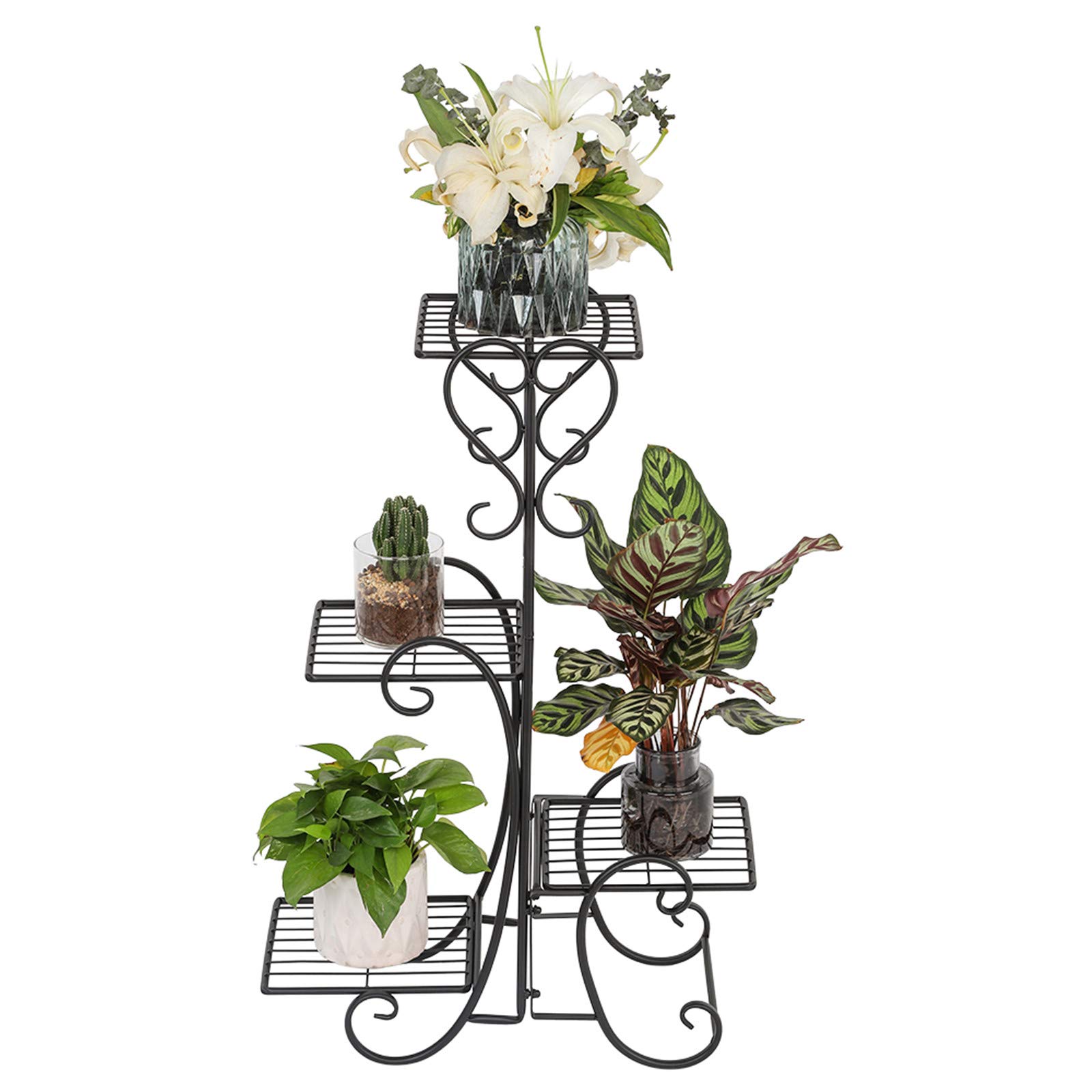 Tesmula GT2-ZJ 4-Tier Square Metal Plant Stand for Indoor & Outdoor Use - Black Flower Pot Holder Shelf for Garden, Balcony, Patio Decor