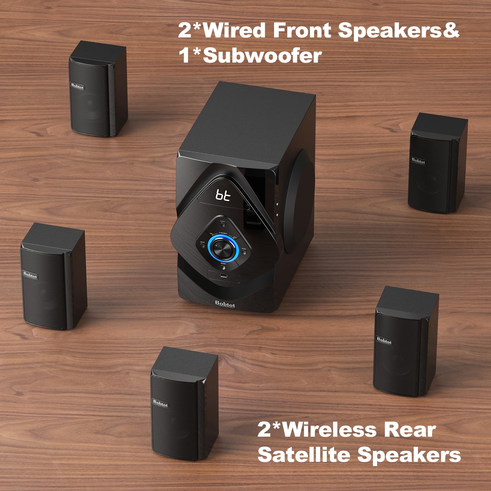 Bobtot 800W 6.5inch Wireless Home Theater System with Subwoofer - 5.1/2.1 Channel Surround Sound, HDMI ARC, Optical & Bluetooth for Movies, Gaming & Music Streaming