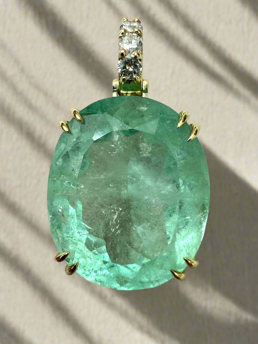 63.14 Carat Genuine Colombian Emerald & Diamond 18K Gold Pendant - Light Green Oval Cut Natural Gemstone Jewelry for Women - Perfect for Weddings, Anniversaries & Special Occasions