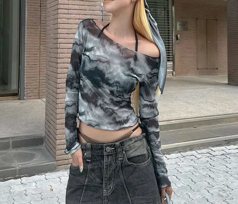 Abstract Black Printed Mesh T-Shirts for Women | 2024 Autumn Fashion Y2K See-Through Long Sleeve Crop Tops | Sexy Streetwear & Party Outfit | Perfect for Clubbing, Concerts & Night Out