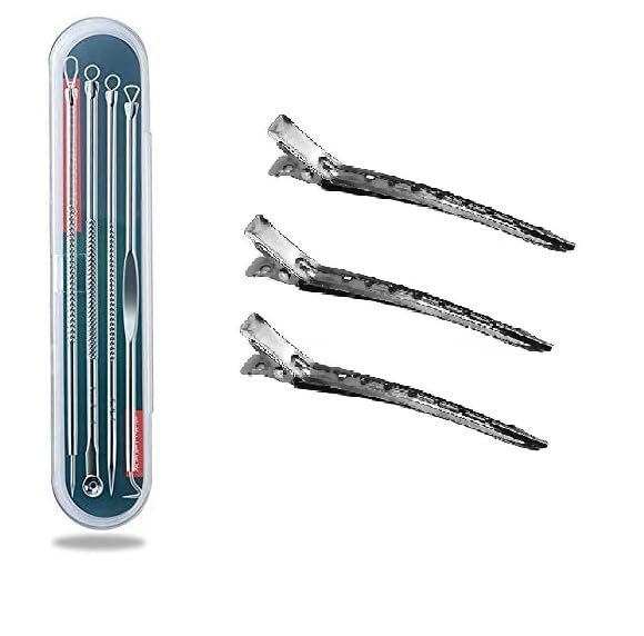 ZAUKY 3Pcs Professional Hair Clips & Stainless Steel Blackhead Remover Kit - Pimple Extractor Tool Set for Salon, Spa and Home Use - Perfect for Hair Styling and Facial Skin Care
