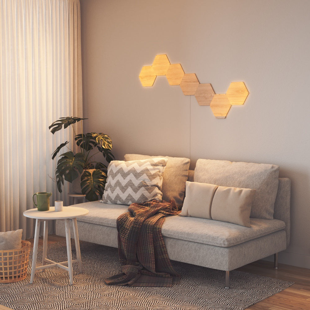 Nanoleaf Elements Wood Look Smart LED Panel Starter Kit (7 Panels) - Modern Home & Office Lighting for Living Room, Bedroom, and Workspace