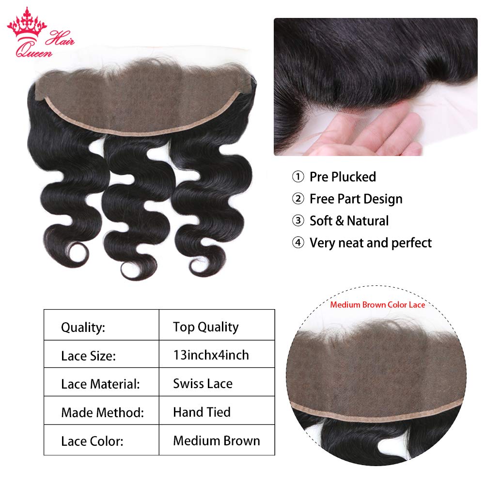 100% Virgin Unprocessed Human Hair 13x4 Lace Frontal - Queen Hair Body Wave Ear to Ear Free Part Natural Black (12 Inches) | Perfect for Protective Styles, Weaves & Everyday Glam