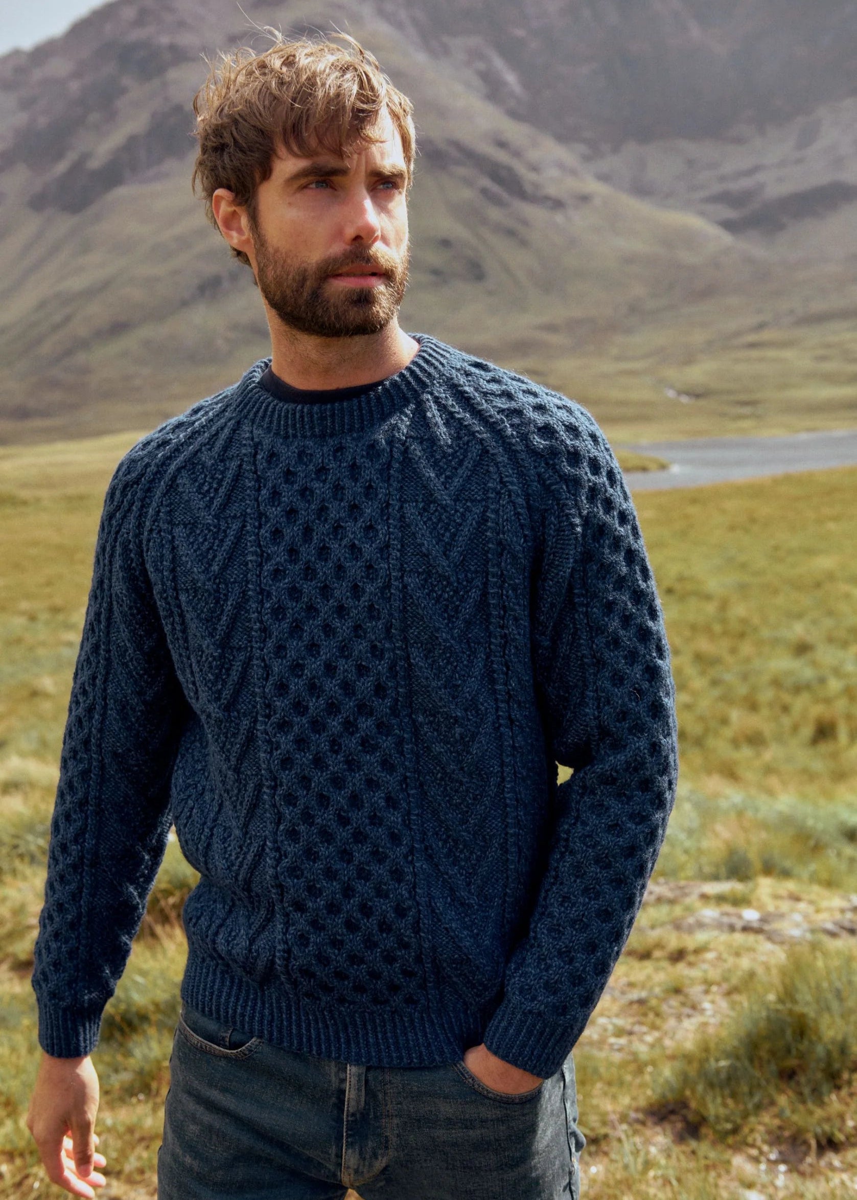 Aran Handknit Crew Neck Sweater for Women & Men | 100% Wool Irish Knitwear | Warm Winter Pullover | Perfect for Christmas Gifts & Cozy Homewear
