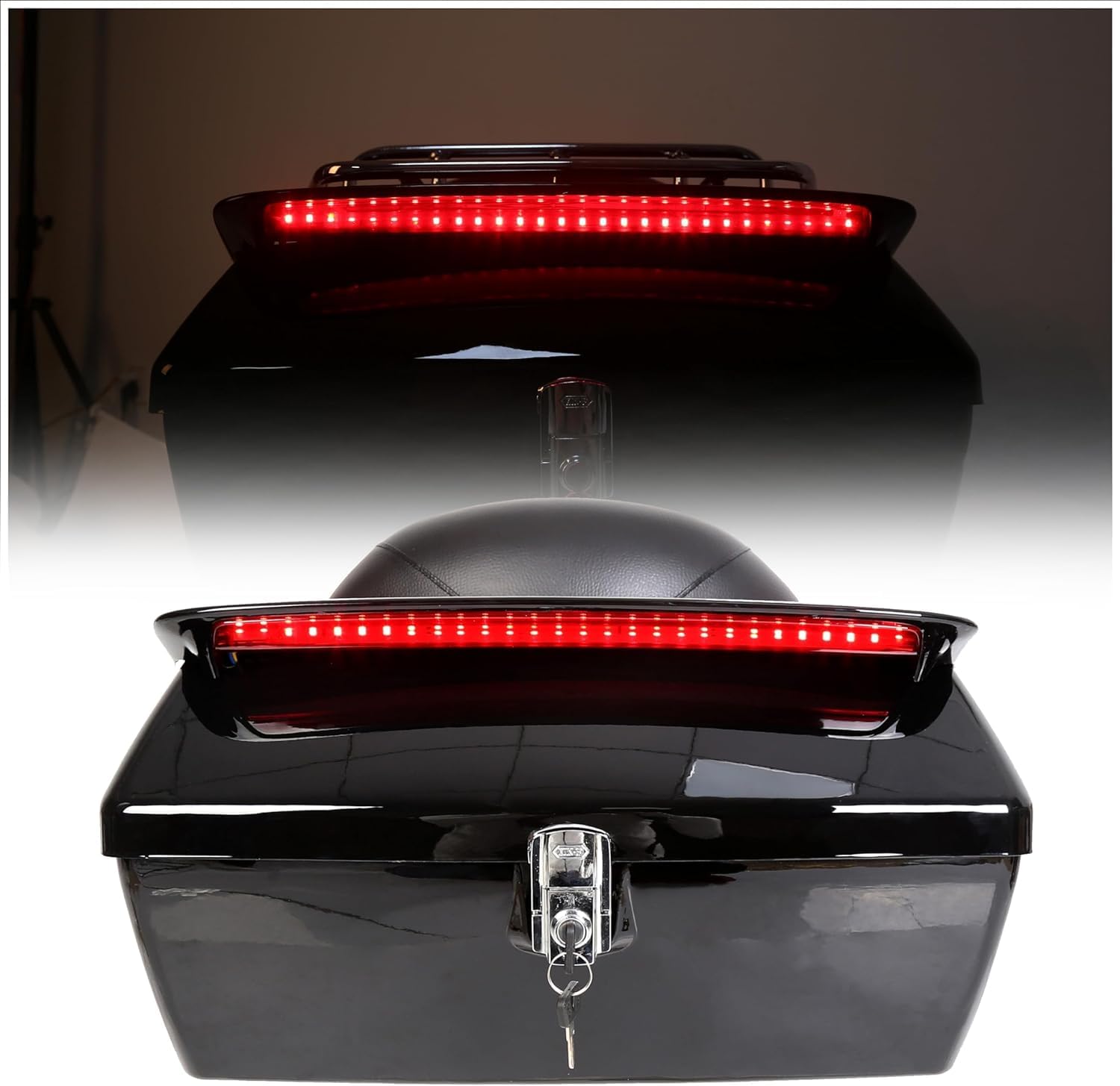KUAFU Universal Motorcycle Trunk Tour Pack - Fits Yamaha, Honda, Harley Davidson, Suzuki & Vulcan - Black Hard Luggage Tail Box with Backrest & LED Tail Light - Perfect for Long Distance Riding, Commuting & Road Trips
