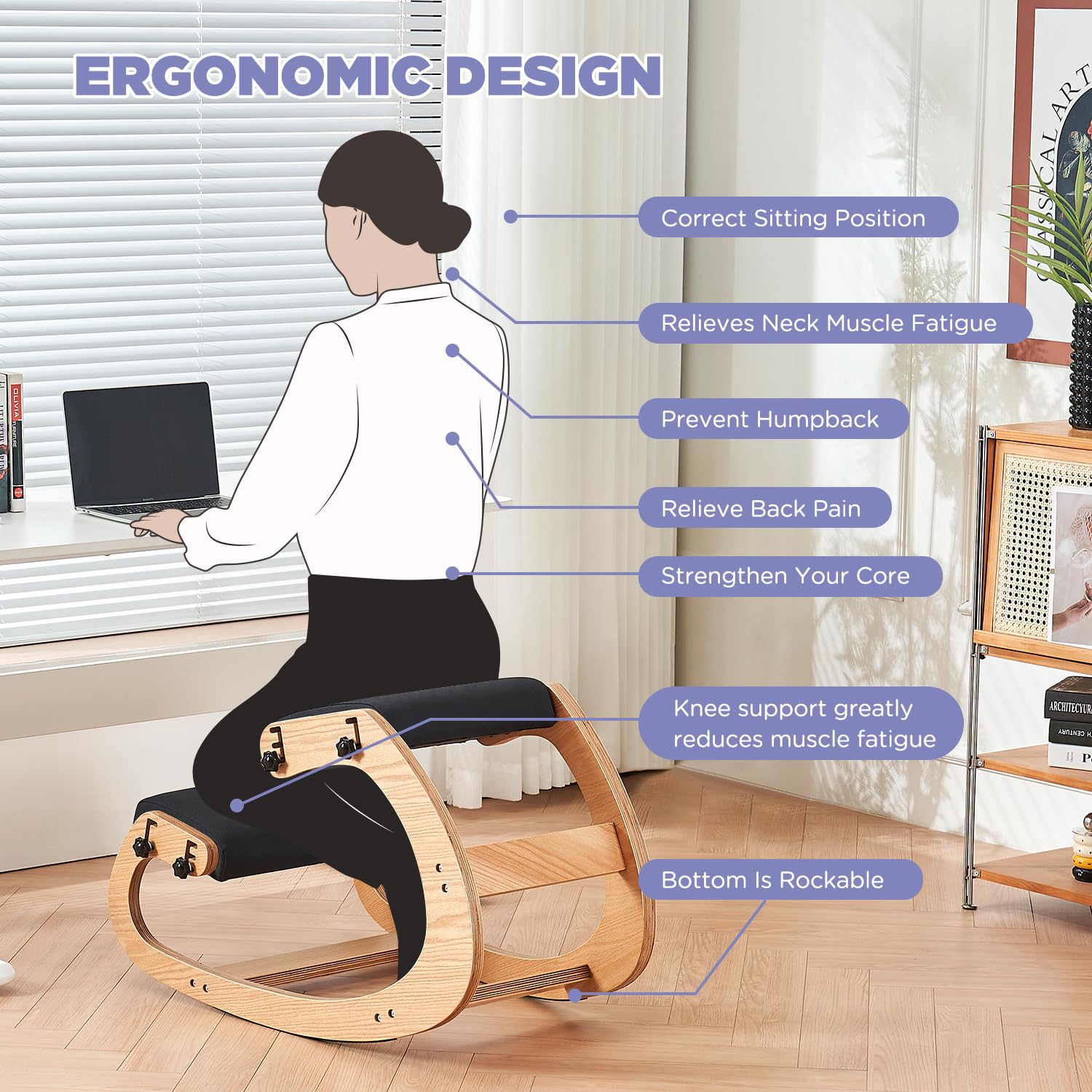 Ergonomic Kneeling Chair - Adjustable Rocking Office Chair for Back Pain Relief, Wooden Posture Corrector for Home & Office Use, Black - Perfect for Long Work Sessions & Meditation