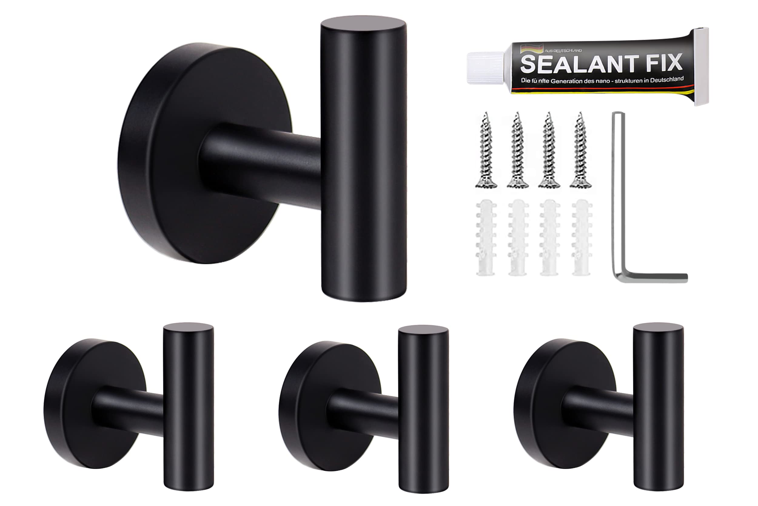 4 Pack Black Bathroom Towel Hooks - Heavy Duty Wall Mount Hooks with Installation Kit, 2 Installation Methods - Durable Chrome Finish for Bathroom, Kitchen, Office & Living Room - Perfect for Hanging Towels, Robes & Kitchen Utensils (Black)