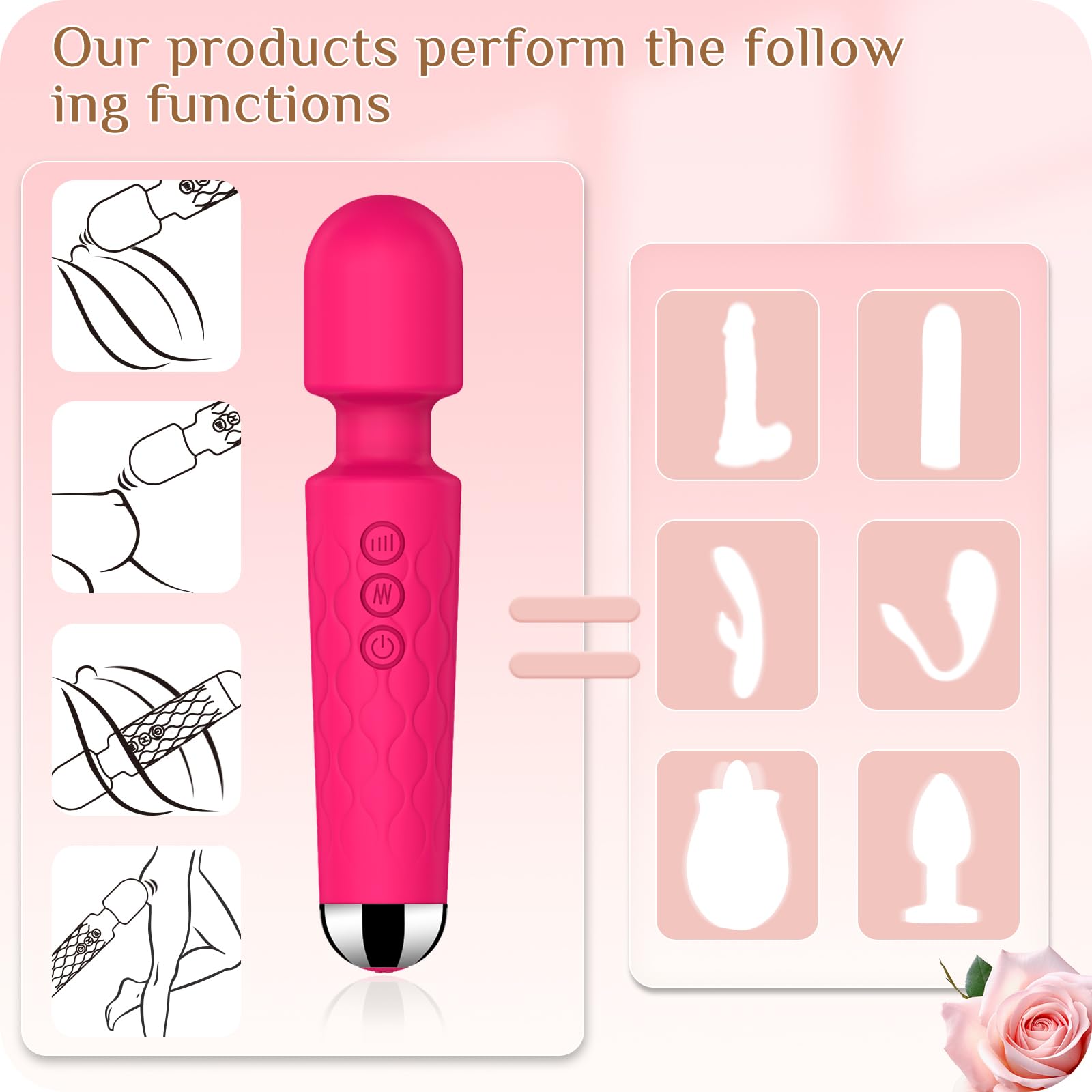 Premium Rose Red Vibrating Wand - 8 Speeds & 20 Patterns G-Spot Stimulator, Clitoral Massager, Waterproof Adult Sex Toy for Women - Perfect for Solo Play, Couples Intimacy & Sensual Exploration