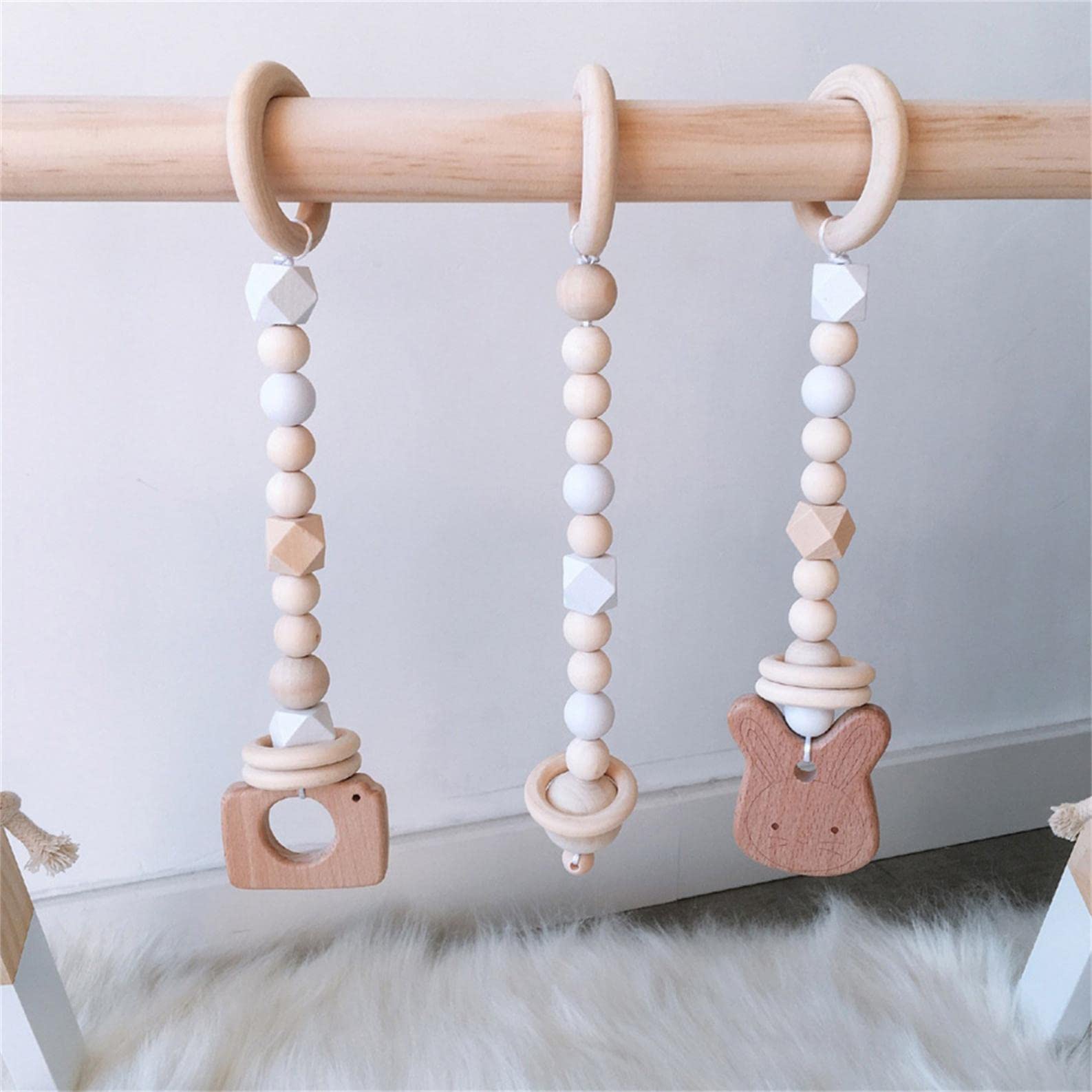 Tiansyue Wooden Baby Gym with Hanging Toys - Natural Wood Activity Frame for Crib, Stroller & Car Seat - Developmental Toy for Boys & Girls - Perfect Baby Shower Gift (White) - Encourage Tummy Time & Sensory Play