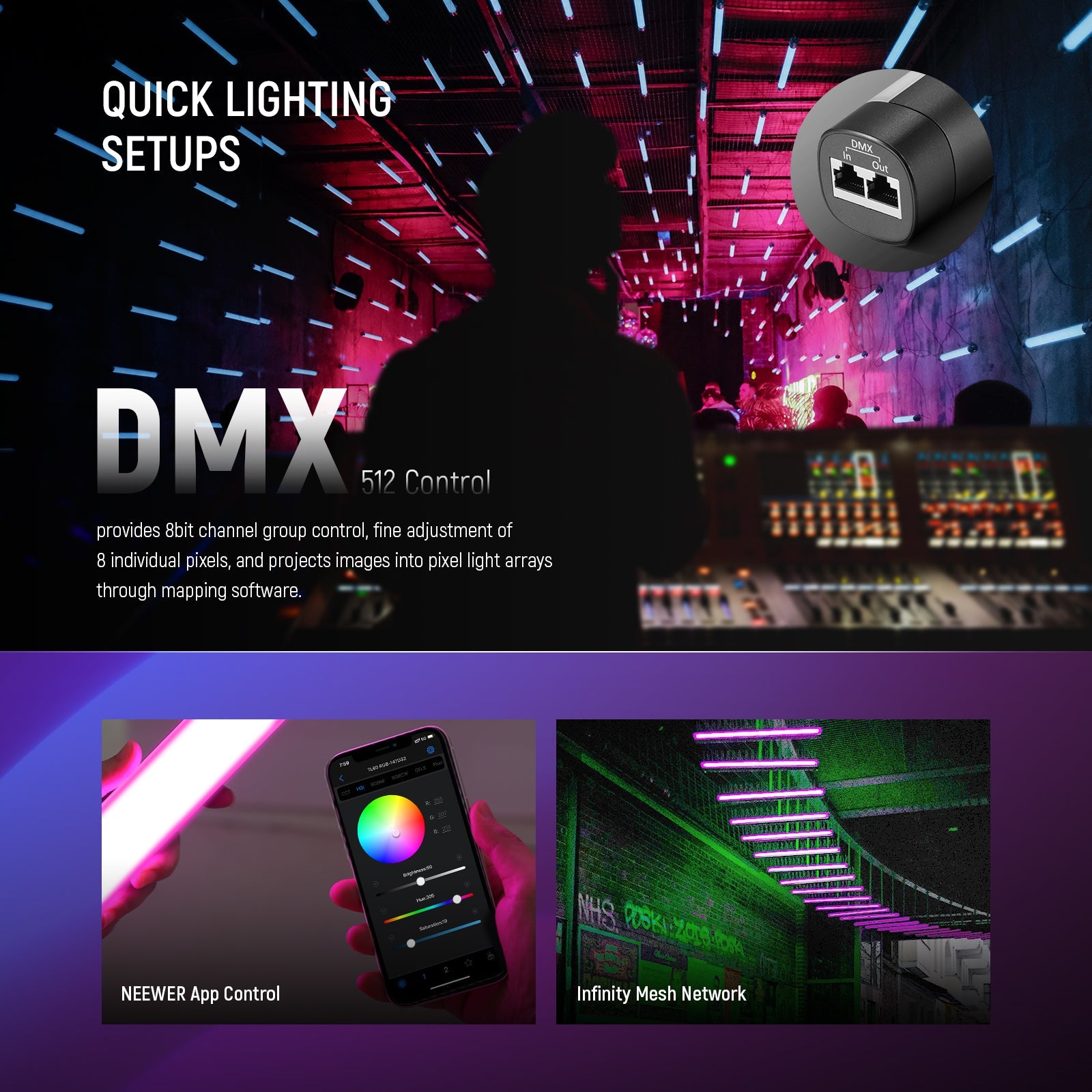 NEEWER TL60 20W RGB LED Tube Light with APP, 2.4G & DMX Control - Perfect for Photography, Videography, and Studio Lighting