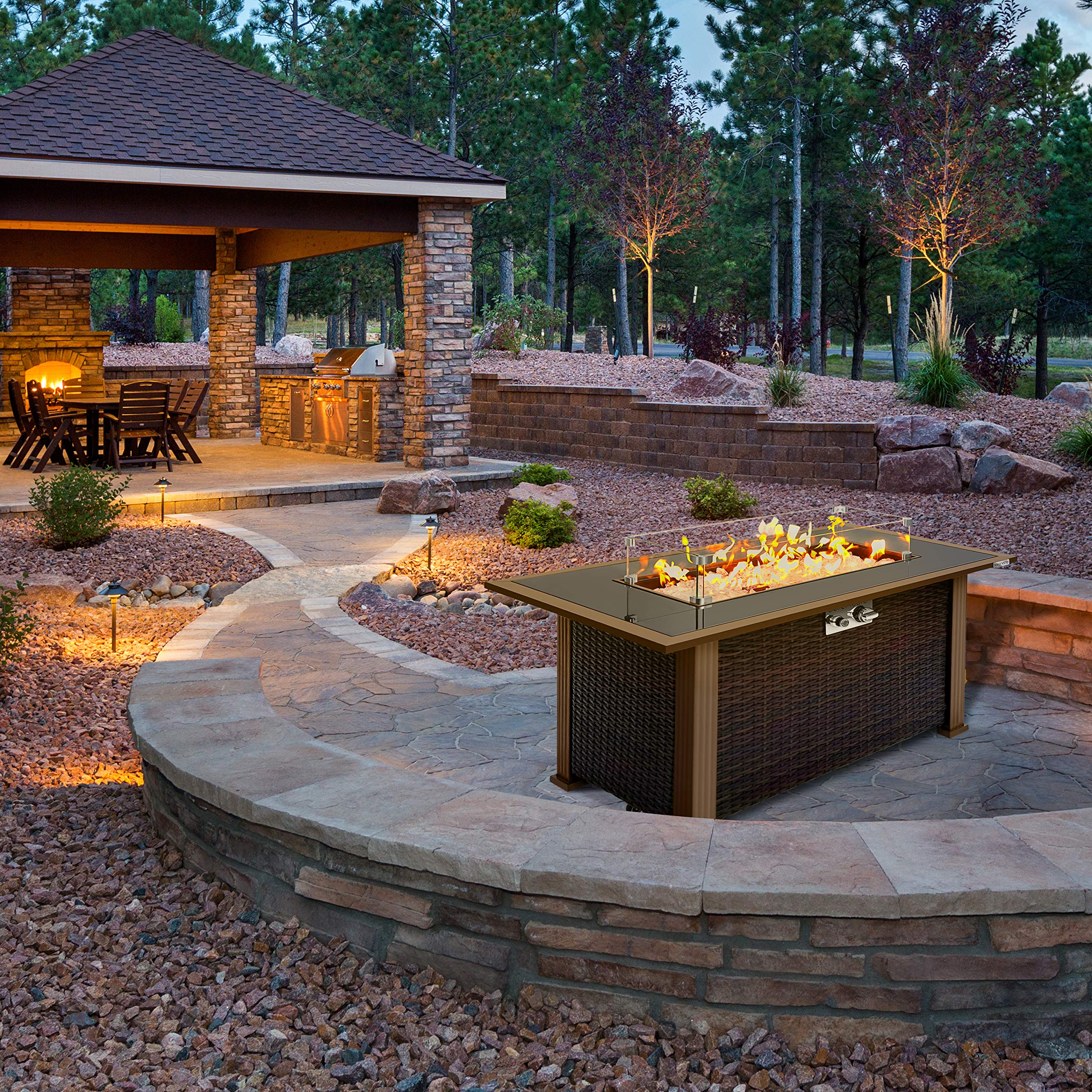 SereneLife 50,000 BTU Outdoor Propane Fire Pit Table with Auto-Ignition - Elegant Gas Fire Table with Rattan Panel, Black Tempered Glass Top & Wind Guard - Perfect for Patio, Backyard, Deck & Garden Gatherings - CSA Approved