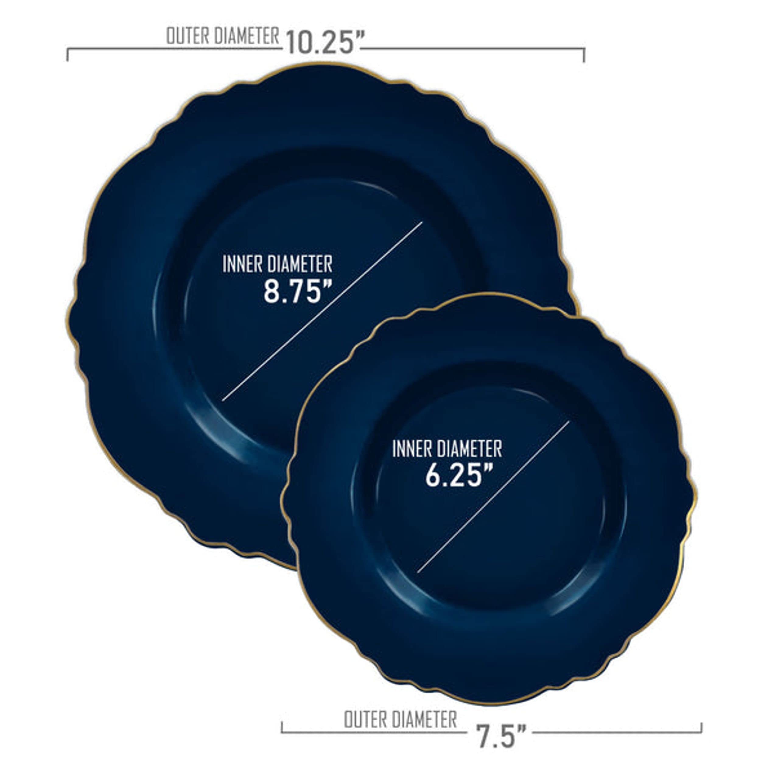 Elegant Disposable Plastic Dinnerware Sets for Weddings & Parties - Heavy Duty Blossom Rim Design Plates (Navy & Gold, 120-Piece Combo Set) | Perfect for Wedding Receptions, Birthday Celebrations & Special Events