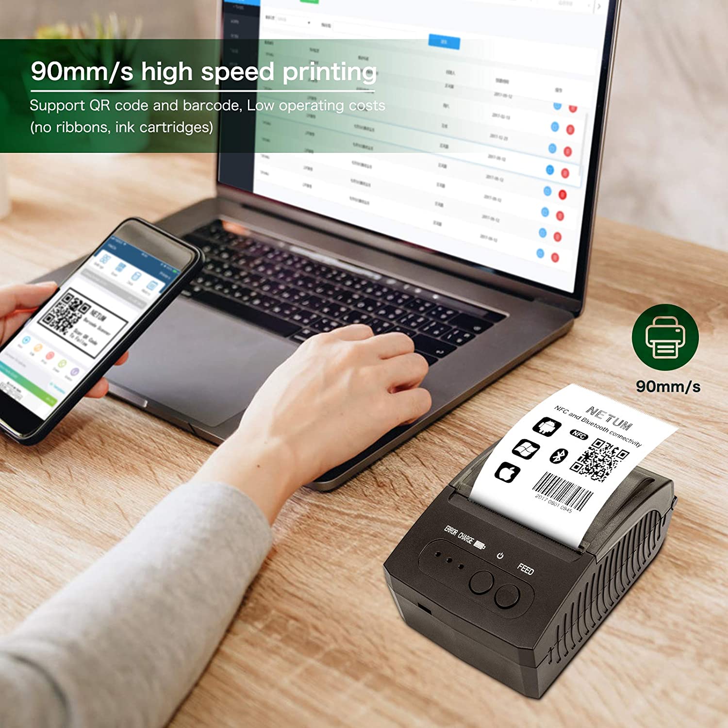NT 1809 Portable 58mm Thermal Printer for Receipts, Labels & Barcodes - Compact Bluetooth POS Printer for Retail, Shipping & Small Business Use