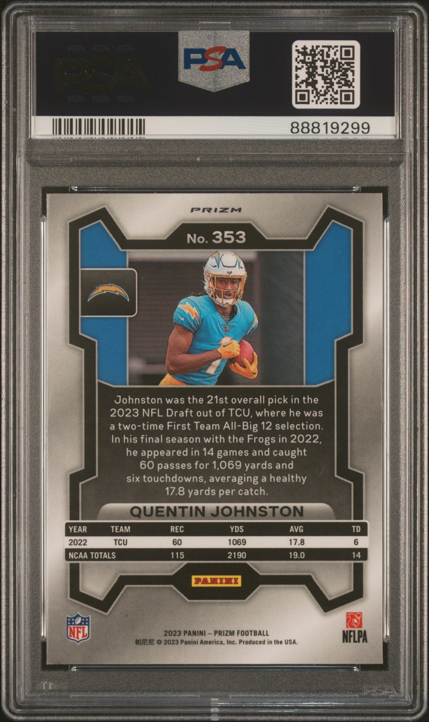2023 Panini Prizm Quentin Johnston Silver #353 PSA 10 Rookie Card - Perfect for NFL Collectors, Sports Memorabilia Enthusiasts & Investment Portfolio