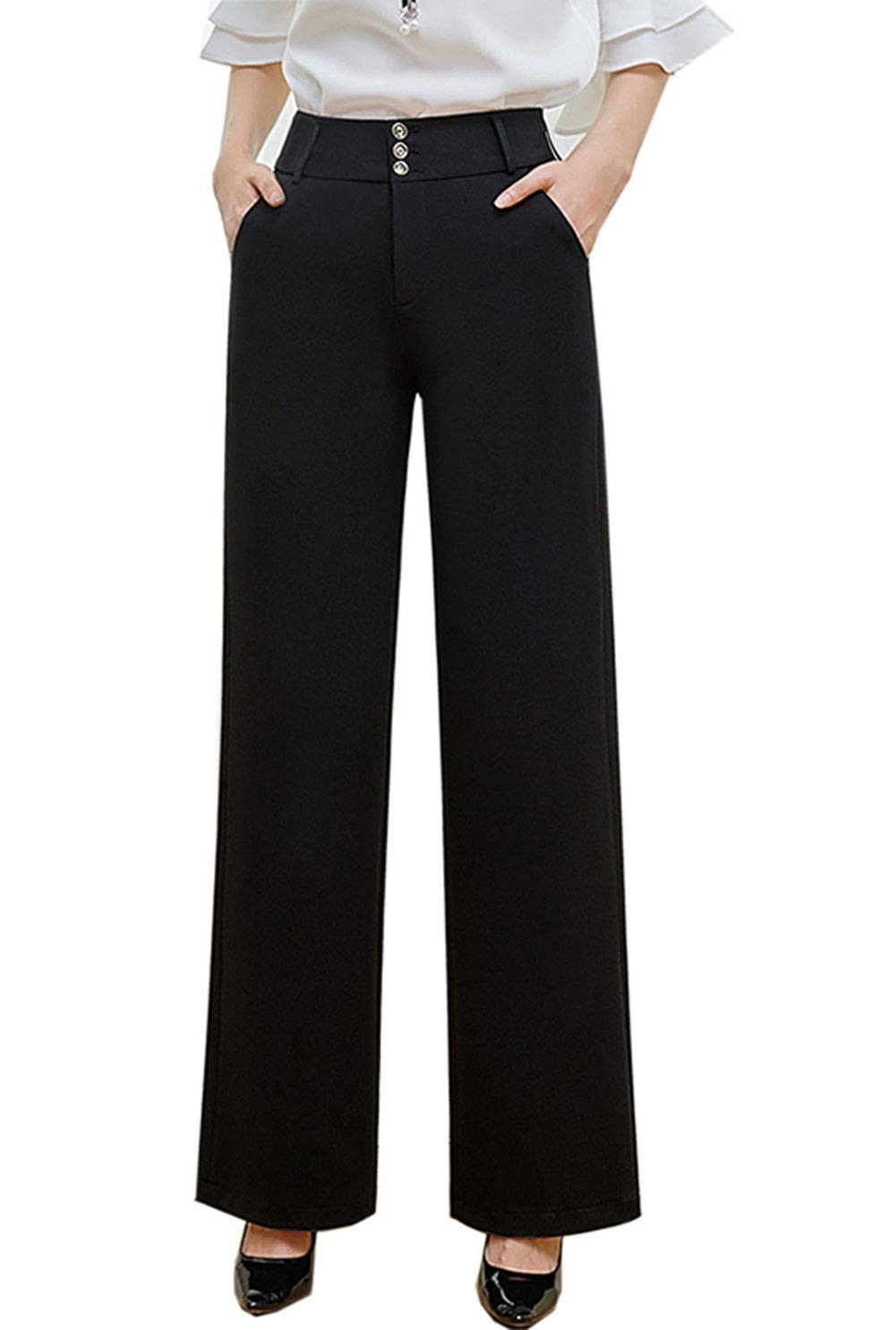 Double Plus Open Women's Heavyweight Straight Leg Flare Wide Leg Bell Bottom Dress Pants with Pockets - Office Work, Business Casual & Formal Wear