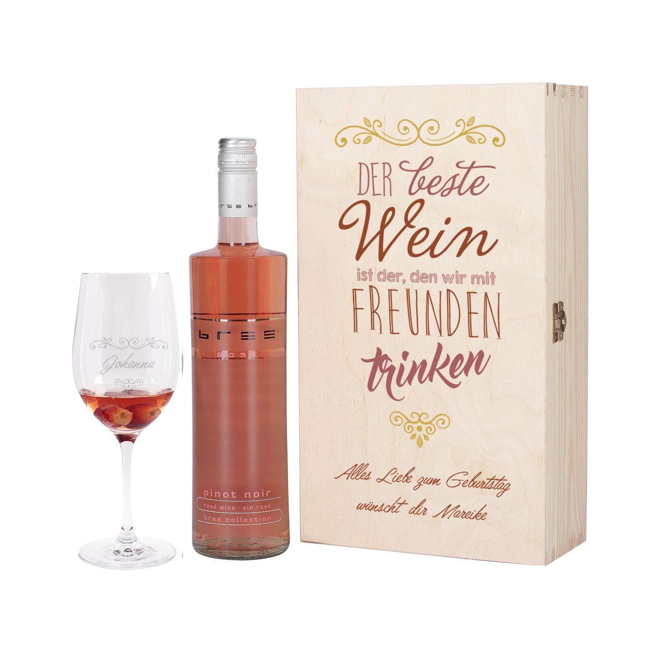 Herz & Heim® Personalized Wine Gift Set with Engraved Wine Glass - Choose Your Bree Wine in Elegant Gift Box for Best Friends, Rose Wine - Perfect for Anniversaries, Birthdays & Special Celebrations