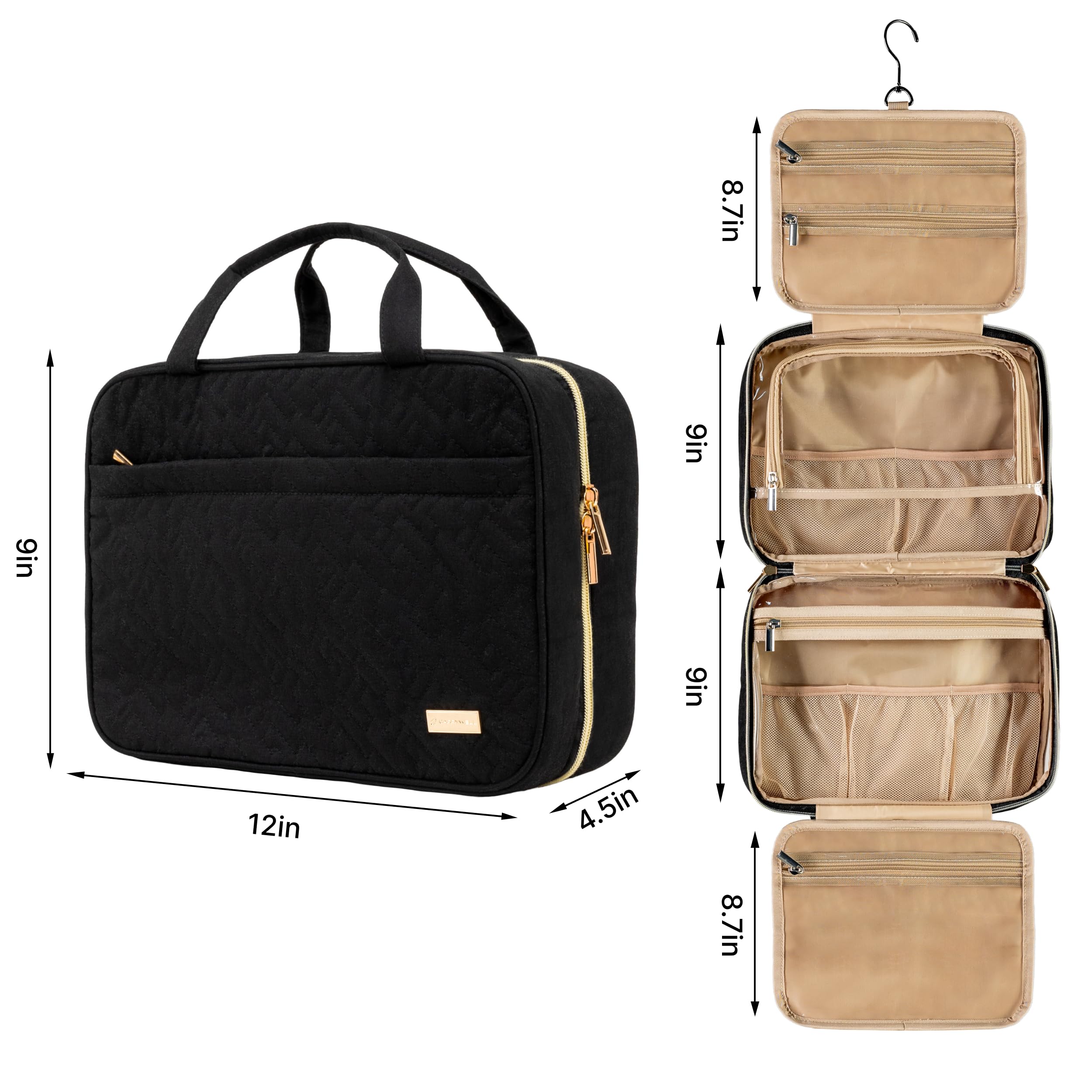 Carrywell Hanging Toiletry Bag for Women - Water-Resistant Travel Cosmetic Organizer with Makeup Brush Holder - Perfect for Vacation, Gym & Business Trips (Black, Medium Size)