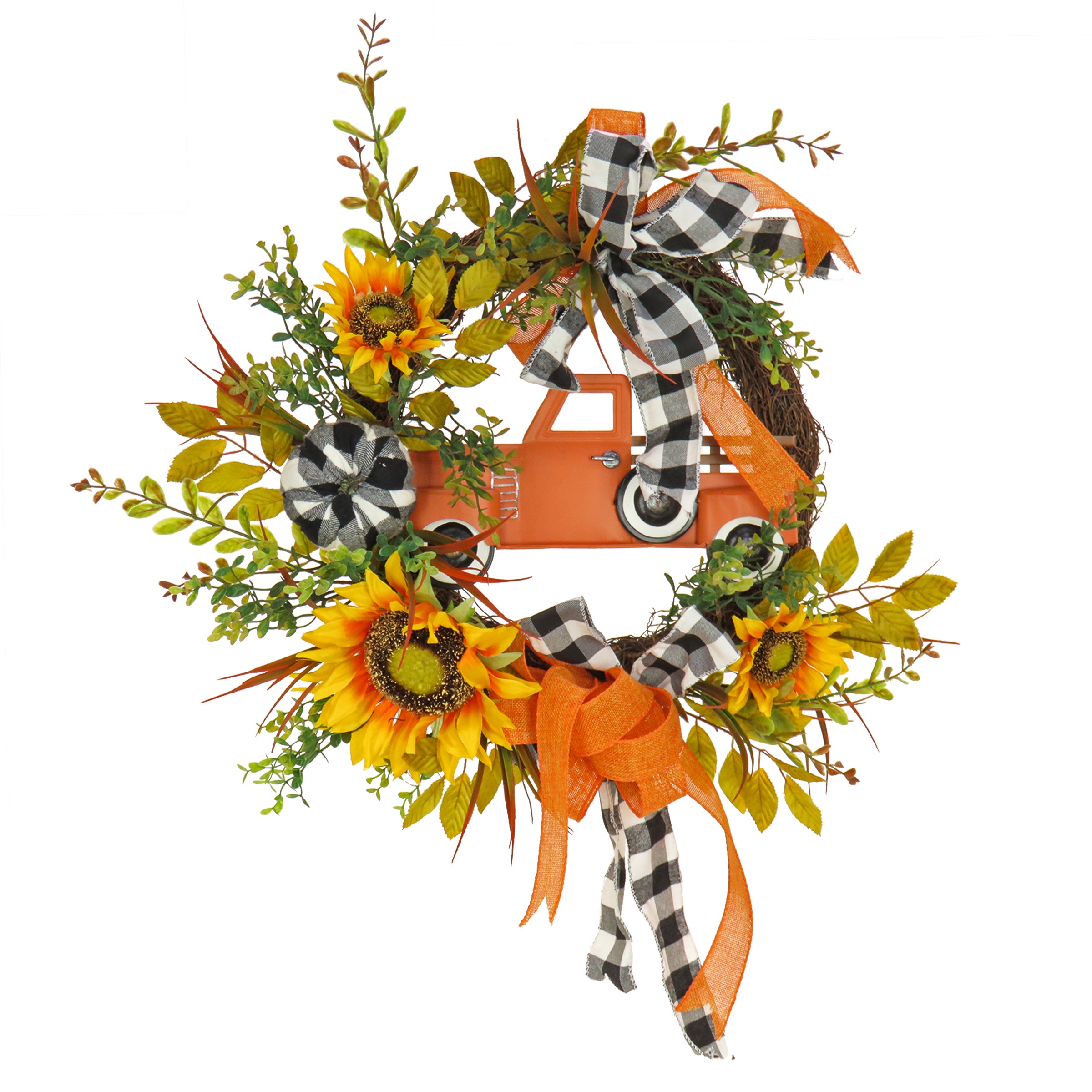 26 Inch Fall Wreath with Sunflowers, Twigs, Car and Bow - Perfect for Front Door Decor, Thanksgiving, Autumn Home Decoration
