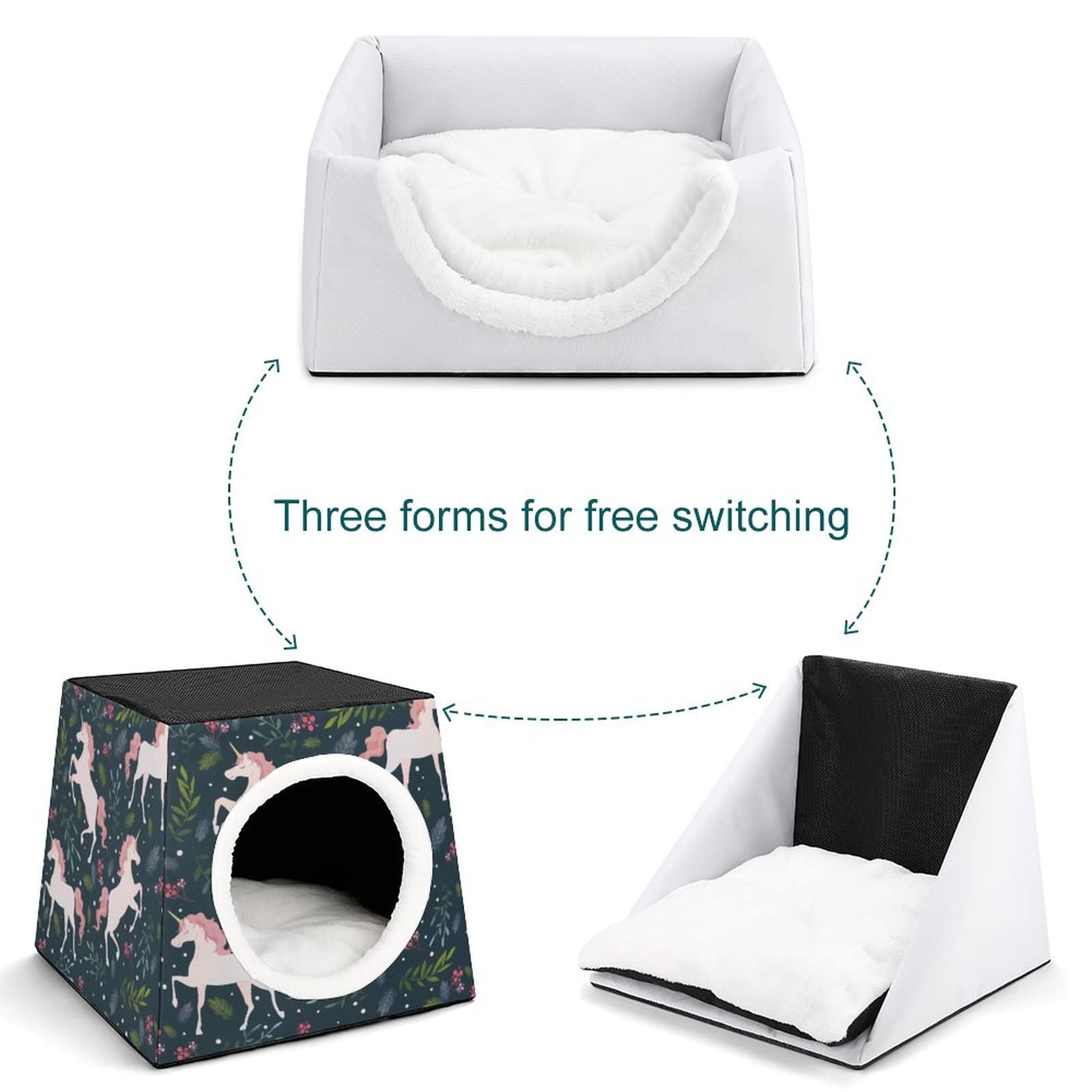 3-in-1 Foldable Cat House with Removable Cushion - Cat Bed, Sofa & Scratching Toy for Indoor Cats (Unicorn Dark Green) - Perfect for Small Spaces, Apartment Living & Multi-Cat Homes
